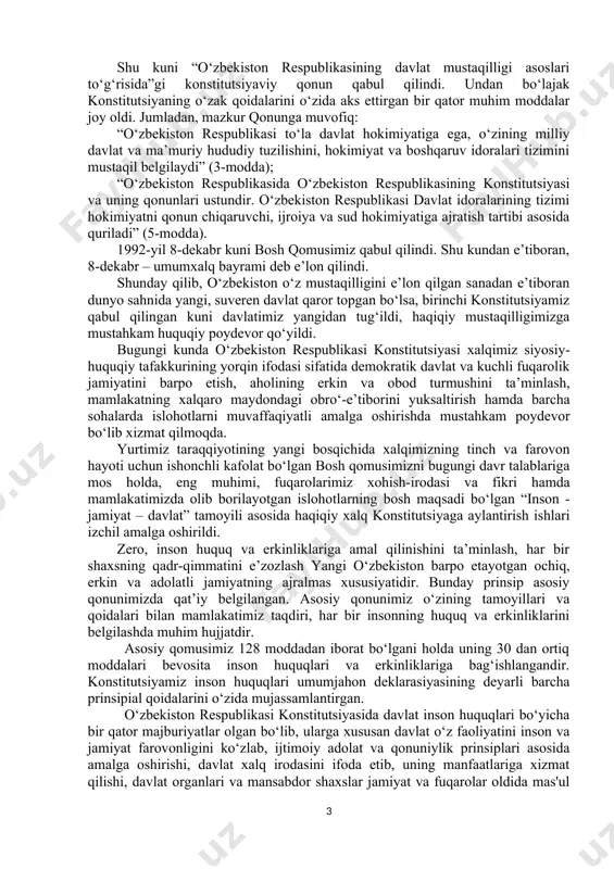 asos” bo‘lishi qayd etilgan. o‘sha paytda bunday mazmundagi hujjat sobiq ittifoq hududida birinchi bo‘lib o‘zbekistonda qabul qilingan edi. konstitutsiyani yaratish yo‘lidagi to‘rtinchi muhim qadam – konstitutsiyaviy komissiyaning tashkil etilishiga borib taqaladi. oliy kengash qarori bilan 1990-yil 21-iyun kuni davlat arboblari, deputatlar, mutaxassislardan iborat 64 nafar a’zoni o‘zida jamlagan konstitutsiyaviy komissiya tuzildi va konstitutsiya loyihasi ana shu komissiya tomonidan 2 yildan ortiq vaqt mobaynida tayyorlandi. konstitutsiyaviy komissiya ish boshlashi bilan mamlakatimizning o‘ziga xos jihatlarini va xususiyatini munosib ravishda aks ettiradigan, xalqaro standartlarga to‘liq javob beradigan, jahon tajribasini, demokratiya va eng rivojlangan mamlakatlar konstitutsiyaviy qonunchiligi erishgan yutuqlarni inobatga oladigan asosiy qonun loyihasini tayyorlashga bevosita kirishildi. konstitutsiyani yaratish yo‘lidagi beshinchi huquqiy qadam – davlat mustaqilligining e’lon qilinishidir. 1991-yil 31-avgustda, o‘n ikkinchi chaqiriq o‘zbekiston respublikasi oliy kengashining navbatdan tashqari oltinchi sessiyasida 1-sentabr respublikamizda mustaqillik kuni, umumxalq bayrami deb e’lon qilindi. xuddi o‘sha kuni oliy kengash o‘zbekiston respublikasining davlat mustaqilligi to‘g‘risida bayonot qabul qildi. bayonotda …