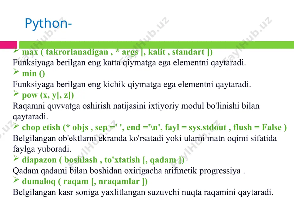 anligini e'lon qilish uchun ishlatiladi, ya'ni funksiya ichida x ga qiymat berganimizda, bu o'zgarish dasturning asosiy blokidagi x qiymatida aks etadi. rekursiv funksiyalar rekursiya - funksiya o'zini chaqirganda . eng mashhur misol n faktorialni hisoblashdir! = n * n - 1 * n -2 * ... 2 *1. buni bilish 0! = 1, faktorial quyidagicha yozilishi mumkin: image1.jpeg image2.png image3.png image4.png image5.png image6.png image7.png