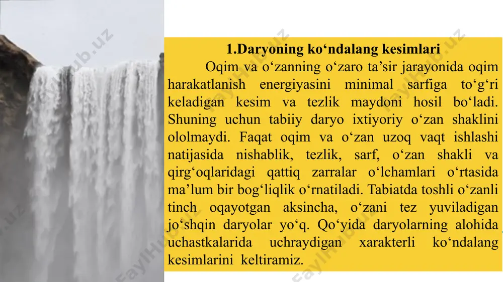tyle 3.daryodan suv olish inshootlari suv olish haqida tushuncha. xo‘jalik va ichimlik maqsadlarda foydalaniladigan suv manbalari xilma-xildir, bularga daryolar, daryolardagi va soylardagi suv omborlari, ko‘llar, hovuzlar va boshqalar kiradi. har bir manbadan suv olinganda suv oluvchi inshoot qurilma yoki moslama bilan jihozlanadi va u suvni suv o‘tkazuvchi inshootga yoki bevosita iste’molchiga uzatadi. agenda style suv olish inshootlari o‘zi oqar va suvni mexanikaviy (nasoslar) ko‘tarib beradigan turlariga bo‘linadi. bundan keyin suv manbalardan yoki havzalardan (suv omborlari) suvni bosh va derivatsiya kanallariga, ayrim hollarda novlar va tunnellarga faqat o‘zi oqar suv olishga mo‘ljallangan gidrotexnika inshootlari ko‘rib chiqiladi. agenda style ularni kanallar deb ataymiz. bunday suv olish inshootlari suvni irrigatsiyaga, yaylovlarni suv bilan ta’minlashga, derivatsiya ges-lariga, hamda o‘zi oqar suv olishda va boshqa iste’molchilarga, masalan, issiqlik va atom gidroelektrostansiyalariga va ba’zi bir hollarda xo‘jalik va ichimlik suv ta’minotiga qo‘llaniladi. 4.suv olish gidrouzellarining tasnifi. past bosimli suv olish gidrouzellarni bir nechta asosiy belgilarga ko‘ra …