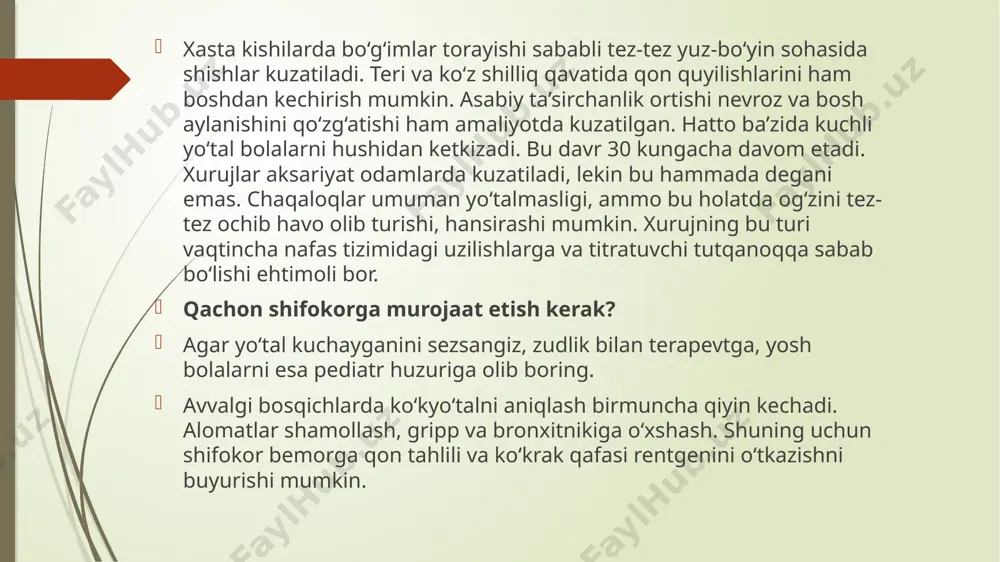 gʻayish davri boshlanadi, budavr 1—3 hafta davom etadi. bola kasallik boshlangan kunidan tortib 30 kungacha yuqumli hisoblanadi. k.ga qarshi ommaviy emlash tufayli k. ning yengilroq turi koʻproq uchraydi, bunda yoʻtal tutish davri juda yengil oʻtishi yoki yoʻtal tutmasligi ham mumkin. emadigan va nimjon bolalarda k. ogʻirroq kechadi. k.ning ogʻir xilidan keyin koʻpincha burun qonashi, bronxit, zotiljam (aksari goʻdaklarda) kabi asoratlar kuzatiladi. epidemiologiya epidemiologiya (epidemiya va ...logiya) — tibbiyotning bir sohasi. infeksion kasalliklarni kelib chiqish sabablari, tarqalishini oʻrganadi, shuningdek, ularga qarshi kurash hamda oldini olish choralarini ishlab chiqadi. e. biol., mikrobiologiya, virusologiya, genetika, biokimyo, fizika va boshqalar fanlar bilan chambarchas bogʻliq. umumiy va xususiy e. farqlanadi. umumiy e. yuqumli kasalliklar tasnifining evolyutsion asoslari, epidemik jarayon, e.ning kategoriya va qonuniyatlarini oʻrganadi; xususiy e. har bir yuqumli kasallikning oʻziga xos tarixi, qoʻzgʻatuvchisi, epidemiologiyasi, infeksiya manbai, yuqish yoʻllari va vositalari, unga qarshi kurash va oldini olish usullarini oʻrganadi. diagnostikasi koʻp hollarda 2 stadiyada tashhis …