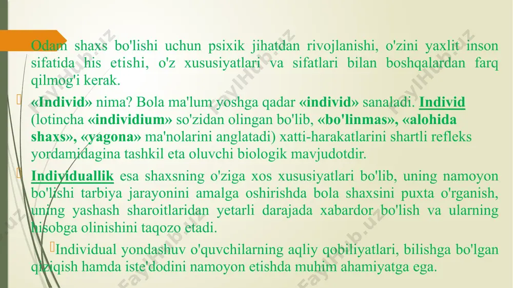 nida inson shaxsi, har tomonlama va bir butun, yaxlit holda rivojlanadi. lekin faoliyatni maqsadga muvofiq amalga oshirishi uchun uni to'g'ri tashkil etish lozim. lekin ko'p holatlarda shaxsning rivojlanishi uchun imkoniyatlar yaratilmaydi, tarbiyalanuvchilarning ijtimoiy mehnat, bilish faoliyatlari cheklangan bo'ladi. o'smir va o'spirinlar faoliyatining asosiy turlariga o'yin, o'qish va mehnat kiradi. ular yo'nalishiga ko'ra bilishga doir, ijtimoiy, sport, badiiy, texnik, hunarmandchilik hamda shaxsiy qiziqishga ko'ra tanlangan sohalardan iborat. faoliyatning asosiy turi muloqotdir. rivojlanishning yosh va o'ziga xos xususiyatlari. muayyan bir yosh davriga xos bo’lgan anatomik, fiziologik (jismoniy) va psixologik xususiyatlar yosh xususiyatlari deb ataladi. ana shu yosh xususiyatlarini hisobga olgan holda ta'lim va tarbiya ishi tashkil etiladi. shunda bola rivojlanishiga tarbiya ta'siri kuchli bo'ladi. bolaning individual — o'ziga xos xususiyatini bilish uchun temperamentning umumiy tiplari va bolaning o'ziga xos xususiyatini o'rganish, metodikasini bilish muhim. temperament (lot. «temperamentum» «qismlarning bir-biriga munosabati» ma'nosini anglatib, shaxsning individual psixologik xususiyatlari majmuidir. shuningdek, turli yosh davrlarining o'ziga …