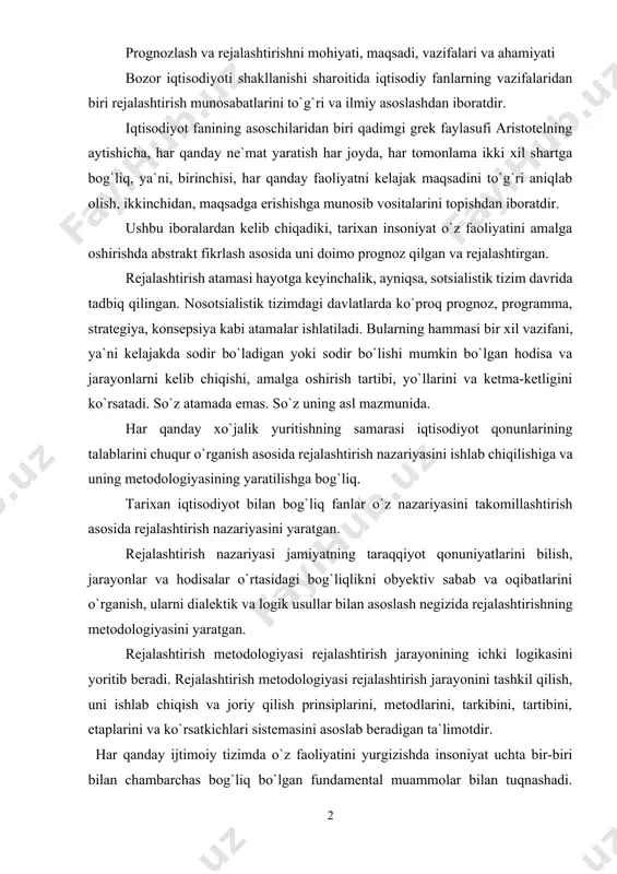 ogiyasini yaratgan. rejalashtirish metodologiyasi rejalashtirish jarayonining ichki logikasini yoritib beradi. rejalashtirish metodologiyasi rejalashtirish jarayonini tashkil qilish, uni ishlab chiqish va joriy qilish prinsiplarini, metodlarini, tarkibini, tartibini, etaplarini va ko`rsatkichlari sistemasini asoslab beradigan ta`limotdir. har qanday ijtimoiy tizimda o`z faoliyatini yurgizishda insoniyat uchta bir-biri bilan chambarchas bog`liq bo`lgan fundamental muammolar bilan tuqnashadi. bozor iqtisodiyoti sharoitida shakllangan iqtisodiy nazariya u muammolarni quyidagicha ta`riflaydi: birinchidan, nima ishlab chiqarish va qancha miqdorda? ikkinchidan, qanday ishlab chiqarish va qancha xarajatlar zarur bo`ladi? uchinchidan, kim uchun ishlab chiqariladi va ular qanday taqsimlanadi? jamiyat va uning subyektlari oldidagi bunday muammolar, albatta, o`z-o`zidan hal bo`lmaydi. buning uchun xalq xo`jaligini tashkil qilish, boshqarish, tarmoqlararo va xo`jalik subyektlari o`rtasidagi iqtisodiy aloqalarni bog`lash, sotuvchi bilan iste`molchilar orasidagi munosabatlarni, tovar bilan baho miqdorini moslashtirish va hokazolar kabi iqtisodiy jarayonlar, hodisalarni uyg`unlashtirish kabi masalalarni hal qilish zaruriyati tug`iladi. bu hodisalar va jarayonlarni tartibga solish hamda ular o`rtasidagi bog`liqlikni ta`minlash, avvalom bor iqtisodiy qonunlar …