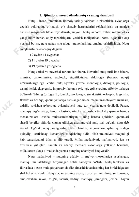 ining har bir kishiga xos shakli, koʻrinishidir. nutq madaniyatining asosiy xususiyati uni ilmiy, sermazmun, aniq-ravshan, ravon, toʻgʻri, taʼsirli, badiiy, mantiqiy, jarangdor, jozibali bayon etishdan iborat. buning uchun nutq, avvalo, adabiy til qonun-qoidalariga toʻliq javob berishi lozim. nutq madaniyati yakka shaxslar, chunonchi, maʼruzachi, pedagog, suxandon, davlat va jamoat arbobi, jurnalist, muxbir va shu kabilarning nutqlari orqali namoyon boʻladigan ijtimoiy hodisadir. insonning intellektual saviyasi, millatning mentaliteti, maʼnaviy boyligi ortib borgani sayin nutq madaniyati ham yuksalib boradi. nutq madaniyati nutq soʻzlash, maʼruza qilish, oʻzaro muloqot, savol-javob, davra suhbatlarida oʻzbek adabiy tili boyligidan samarali foydalanish; gʻoyaviy, mafkuraviy, maʼnaviy, tarbiyaviy jihatlarni singdirish; xalq ogʻzaki ijodi, hikmatli soʻzlar, maqollar, kattalar oʻgitlaridan oʻz oʻrnida, meʼyorida foydalanish; nutqning qisqa, aniq-ravshan, teran mazmunli, keng qamrovli boʻlishiga eʼtibor berish; nutq, maʼruza, suhbat oxirida qisqa xulosalar chiqarish; zarurat tugʻilganda tinglovchilar, suhbatdoshlar bilan odob doirasida, vazminlik asosida bahslashish, munozara yuritish kabi xususiyatlarni oʻzida mujassam etmogʻi lozim. nutq madaniyati notiqning oldiga ham muayyan …