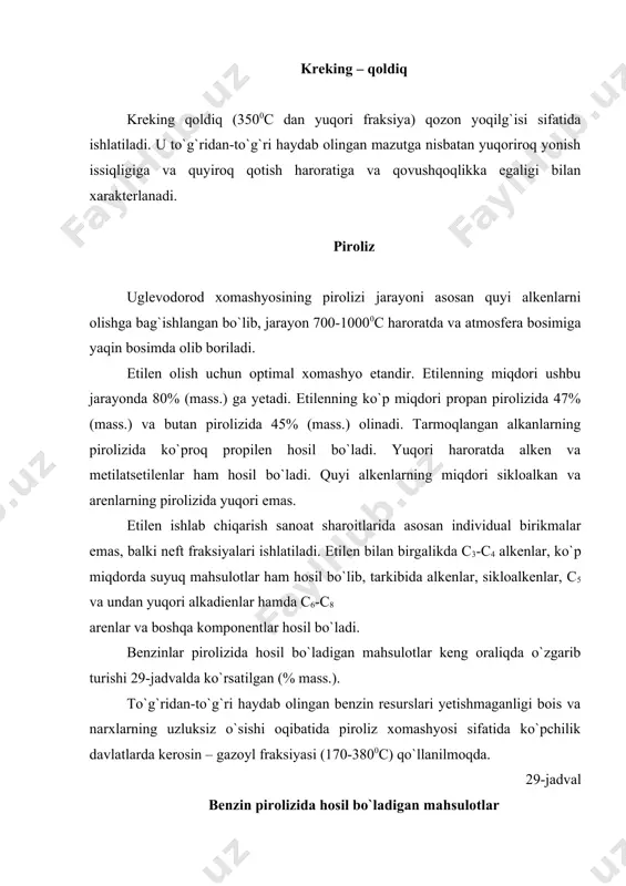 ni olish uchun xomashyo sifatida quyidagilar ishlatilishi mumkin: benzinsizlangan neft, birlamchi qayta ishlash qoldiqlari – mazutlar, yarim – gudronlar, gudronlar; ikkilamchi kelib chiqish mahsulotlari – kreking qoldiqlar, katalitik kreking og`ir gazoyllari, piroliz smolalari hamda tabiiy asfaltlar va moy ishlab chiqarish jarayoni qoldiqlari (asfaltlar, ekstraktlar). kokslashning sanoat jarayonlari 3 tipga bo`linadi: 1. davriy; 2. yarim uzluksiz; 3. uzluksiz. kokslash davriy usulining ko`lami va texnik rasmiylashtirilishi – neftni qayta ishlash zamonaviy talablarga mos kelmay qoldi. kokslashni uzluksiz usuli esa hozircha tajriba-sanoat bosqichida turibdi. hozirda eng ko`p tarqalgan yarim uzluksiz sanoat jarayoni – asta-sekin kokslash qurilmalarida amalga oshiriladi. neft qoldiqlarini asta-sekin kokslash 505-5150c haroratda, 0,2-0,3mpa bosimda olib boriladi. kokslash natijasida neft koksidan tashqari gaz, benzin, o`rta va og`ir koks distillatlari hosil bo`ladi. hosil bo`lgan mahsulotlarning miqdori va sifati xom ashyoning kimyoviy va fraksion tarkibiga va kokslash sharoitlariga bog`liqdir. neftning birlamchi qayta ishlash qoldiqlaridan olingan koks miqdori 15-25% (mass.) ni, ikkilamchi mahsulotlardan olingani esa …