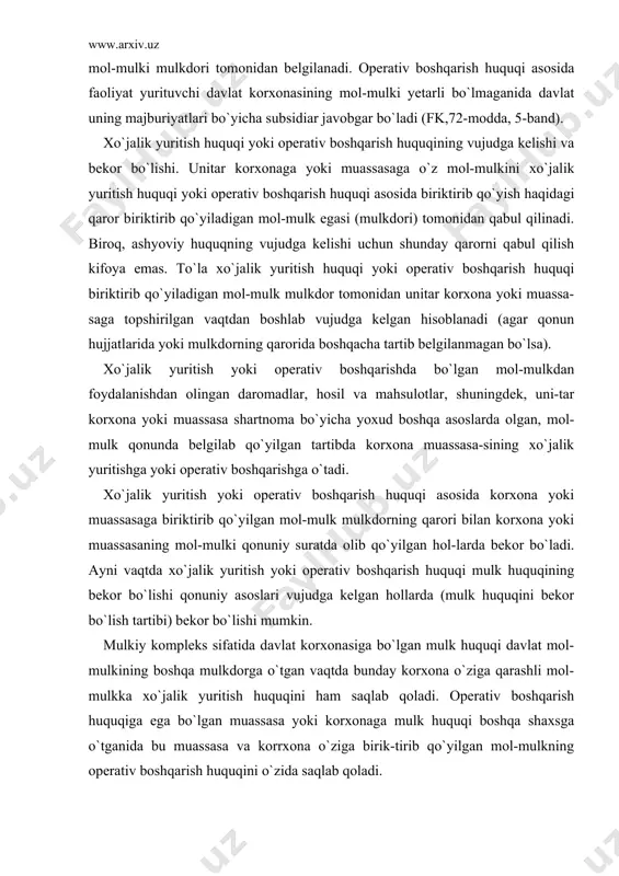 qilish huquqi bu ashyoviy huquqning bir turi bo`lib, fuqaroning belgilangan o`lchamdagi va qonunda nazarda tutilgan hollarda ehtiyojlarni qondirish maqsadida yer uchastkasiga nisbatan bevosita egalik qilish huquqidir. bunday ashyoviy huquq turi fuqarolarga ishlab chiqarish ehtiyojlari-ni qondirish uchun (dehqon xo`jaligi, bog`dorchilik, chorvachilik, milliy xalq hunarmandchiligi), shaxsiy ehtiyojlarni qondirish uchun (turar joy, dala hovli qurish va ta`mirlash uchun) noxo`jalik faoliyat yuritish uchun berilishi va turar joyni meros sifatida qabul qilish bilan vujudga keladi. meros qilib qoldiriladigan yer uchastkasiga umrbod egalik qilish huquqi-ning obyekti – beriladigan maqsadlardan kelib chiqib, o`lchami qonun bilan tartibga solinadigan yer uchastkasi hisoblanadi. subyekti –jismoniy shaxslardir. shuni aytish kerakki, fermer xo`jaligiga meros qilib qoldiriladigan umrbod egalik qilishga berilgan tomorqa yer uchastkalari xususiylashtirilishi va oldi-sotdi, garov, hadya, ayirboshlash obyekti bo`li-shi mumkin emas. ammo bu huquq kredit olish uchun garovga qo`yilishi mumkin[118]. yer uchastkasiga doimiy egalik qilish va undan foydalanish huquqi yer uchastkasiga doimiy egalik qilish va undan foydalanish huquqi qonunan yuridik …