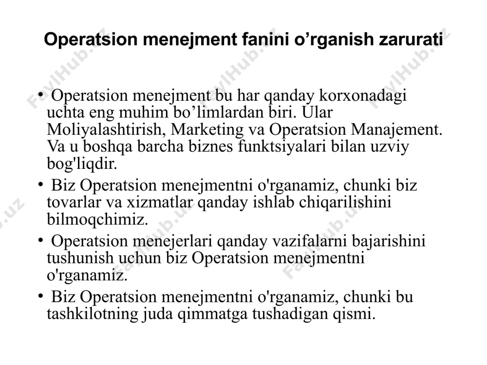 nadi" qarorlar qabul qilish, us pizza misolida mcdonald do'konini boshqarganingizda, qanday narsalar haqida o'ylashingiz kerak? siz qanday qaror qabul qilishingiz kerak? qarorlar qabul qilish, us pizza misolida qarorlar qabul qilish, us pizza misolida motivatsiya misoli: mcdonald-dagi asosiy qarorlar process (jarayon) joylashuv. talab etarlicha kattami? qanday mashinadan foydalanish kerak? qanday qilib ishlab chiqarish va etkazib berish kerak? ishga qabul qilish, o'qitish, ishdan bo'shatish quality (sifat) mezon, o'lchov (non sifati, xushmuomalalik, tozalik, aniqlik) va erishish jarayoni capacity (sig’im) jismoniy imkoniyatlar va mehnat. qancha non tayyorlash kerak, nechta ishchi yollash kerak. inventory (ashyo va anjomlari majmuyi) nima, qachon va qancha? ta'minlovchilarni tanlang ko'p miqdorda zaxiralarni saqlash ham emas, kam zaxira qoldirish ham emas. qarorlar qabul qilish, us pizza misolida operatsiyalar bo'yicha qarorlar sxemasi operatsiyalar bo'yicha qarorlar sxemasi qarorlar: process (jarayon) qanaqa jarayon tanlanishi kerak? xizmat ko’esatish tizimi qanday dizayn qilinishi kerak? materiallar va mijozlar harakati qanday boshqarilishi kerak? quality (sifat) qanaqa sifat standartlari …