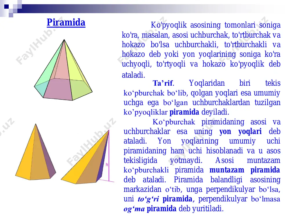 rilishi, burilishi va 3d ob’ektlari bir-biriga tekislab olinishi mumkin. ko’rinish paneli. panel asosan 2 bo’limdan iborat : 1-bo’limda asosiy standart ko’rinishlar bo’lib, unda quyidagi buyruq piktogrammalari joylashgan: 1. «сверху» – «ustidan»; 2. «снизу» – «ostidan»; 3. «слева» – «chadan»; 4. «справа» – «o’ngdan»; 5. «спереди» – «oldindan»; 6. «сзади» – «ortdan». odatda 2d modellashtirish muhitida ustdan ko’rinish faol holatda bo’ladi va barcha 2d ob’ektlari ustdan ko’rinish, ya’ni xy koordinatalar tekisligida yaratiladi. 2-bo’limda izometrik proektsiya ko’rinishlari buyruq piktogrammalari joylashgan, bular: 1. «юз (yugo-zapadnaya)» – «jg’ (janubiy-g’arbiy)»; 2. «юв (yugo-vostochnaya)» – «jsh (janubiy-sharqiy)»; 3. «св (severo-vostochnaya)» – «shsh (shimoliy-sharqiy)»; 4. «сз (severo-zapadnaya)» – «shg’ (shimoliy-g’arbiy)». odatda 3d ob’ektlari izometrik proektsiyalar muhitida bajariladi, sababi bu muhitda uchala koordinata o’qlari (x,y,z) to’liq ko’rinib turadi va qurilayotgan ob’ekt to’la namoyon bo’lib turadi. ko’rinishlar asosida 3d ob’ektlarni ixtiyoriy olti tomondan va 4 xil vaziyatdagi izometrik proektsiyalarda ko’rsatish mumkin bo’ladi. 3d primitivlari va ular bilan ishlash. autocad …