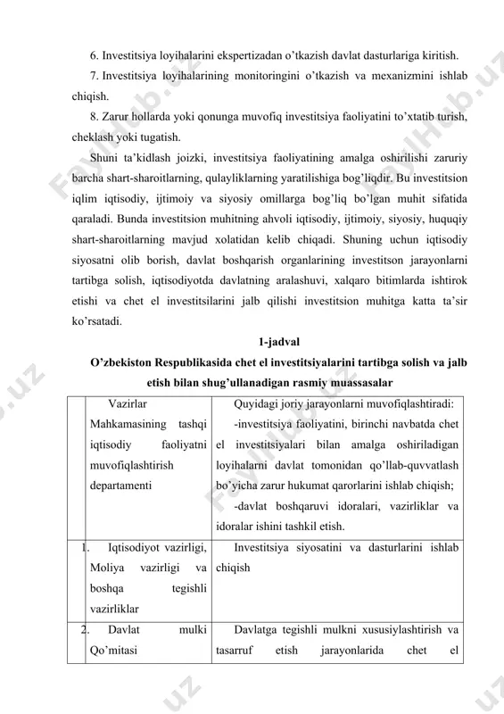 fiqlashtirish departamenti quyidagi joriy jarayonlarni muvofiqlashtiradi: -investitsiya faoliyatini, birinchi navbatda chet el investitsiyalari bilan amalga oshiriladigan loyihalarni davlat tomonidan qo’llab-quvvatlash bo’yicha zarur hukumat qarorlarini ishlab chiqish; -davlat boshqaruvi idoralari, vazirliklar va idoralar ishini tashkil etish. 1. iqtisodiyot vazirligi, moliya vazirligi va boshqa tegishli vazirliklar investitsiya siyosatini va dasturlarini ishlab chiqish 2. davlat mulki qo’mitasi davlatga tegishli mulkni xususiylashtirish va tasarruf etish jarayonlarida chet el investitsiyalarini tartibga solish. 3. moliya vazirligi qarz siyosati va hukumat kafolatlarini berish. 4. adliya vazirligi chet el investitsiyalari ishtirokidagi korxonalarni ro’yxatga olish. 5. tashqi ishlar vazirligi xorijiy investorlarga va o’zbekistonda ishlayotgan ajnabiy fuqarolarga vizalar berish. 6. ichki ishlar vazirligi xorijiy investorlarni va o’zbekistonda ishlayotgan ajnabiy fuqarolarni turar joyi bo’yicha ro’yxatga olish. 7. davlat soliq qo’mitasi chet el investitsiyalari ishtirokidagi korxonalarni soliqqa tortish va ularning bojxona bilan bog’liq faoliyatini tartibga solish 8. markaziy bank konvertatsiya tartib-qoidalarini, shuningdek, uning o’tkazilishini, valyuta mablag’laridan foydalanishni tartibga solish, qarz siyosati. 9. …