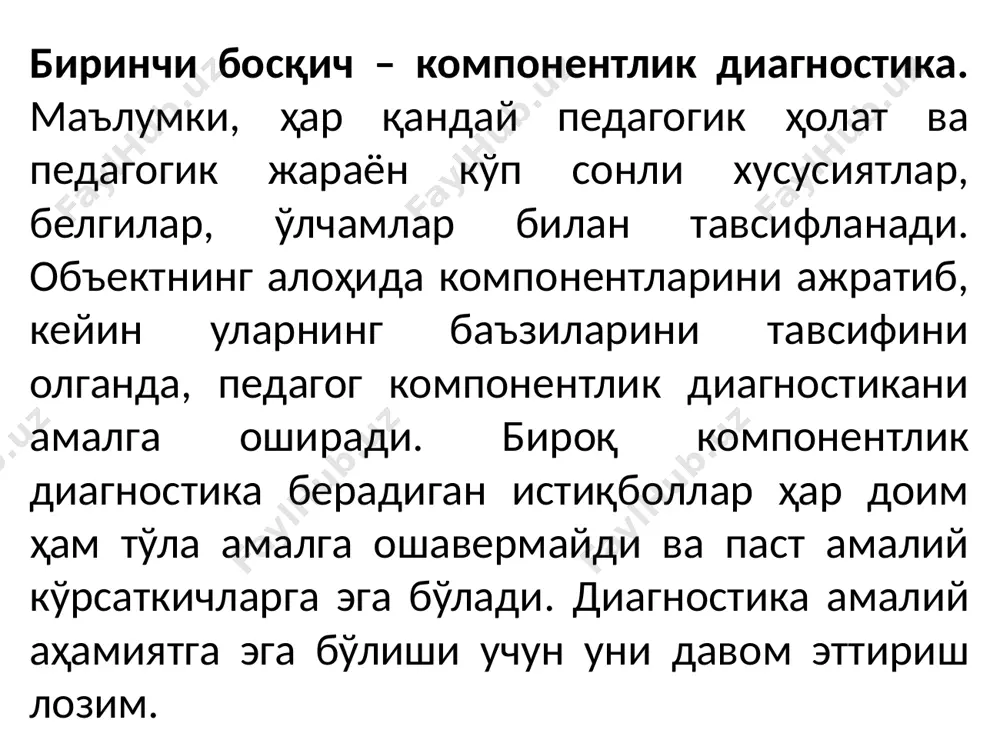 аҳорати; • тарбиялаш маҳорати; • ўқув-тарбия жараёнида гуманитар омилни таъминлайдиган шахсий сифатлари; • таълим олаётганларнинг билимларини холисона назорат қилиш ва баҳолаш маҳорати; • илғор педагогик ва замонавий ахборот технологиялардан фойдаланиш маҳорати. • инновацион ва таълим технологияларни амалиётга татбиқ этиш маҳорати. диагностик ёндашув таълим муассасаси методик ишини бошқаришнинг илмий асоси сифатида ўз фаолиятини таҳлил қилиш, диагностикалаш ва ўзини-ўзи диагностика қилишнинг янги усуллари, педагогларнинг фаолияти ва шахсини ўрганиш – методик ишларнинг сифати ва самарадорлигини оширишнинг муҳим омилларини ишлаб чиқиш. педагогларнинг бошқарув-методик фаолиятининг оралиқ ва якуний натижаларини холисона баҳолаш, бу борада халқаро баҳолаш дастуридан кенг фойдаланишни жорий этиш. ижодий (креатив) фаолиятни ривожлантириш учун қулай шароитларни вужудга келтиришнинг истиқболларини аниқлаш. таълим жараёнини диагностик қилиш ишларни ташкил этишда касбий билимларни эгаллашдаги ўзаро ёрдам муаммосини, балки кичик ижодий гуруҳлар, илғор тажриба таълим ташкилотиларини тузишда психологик мослашувнинг хусусиятларини эътиборга олиш. таълим муассасалари эҳтиёжлари диагностикаси: • эҳтиёж диагностикасининг асосий шакл ва усул-кадрлар билан таъминланганлиги ва уларнинг сифат таркиби; …