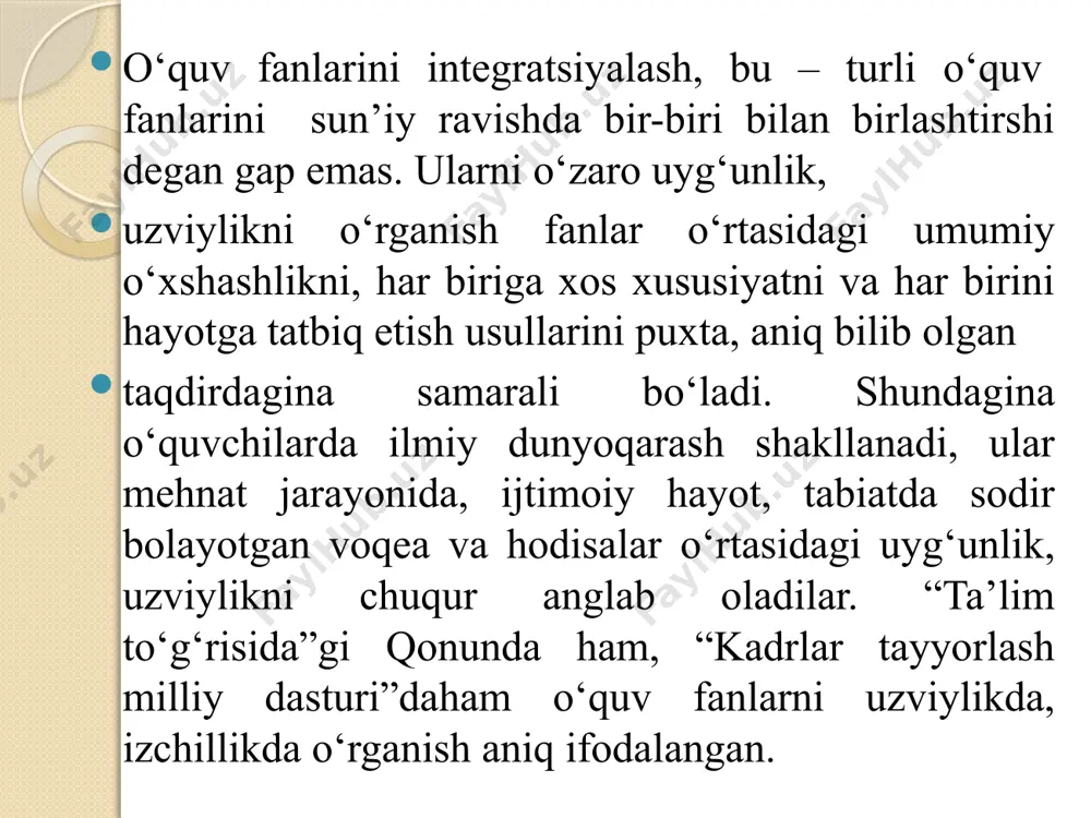 chun zarur bо‘lgan ehtiyoj, har bir fan rivojiga xos xususiyatdir. ilmiy tarzdagi о‘zaro ta’sirga ega bu xususiyat shundan iboratki, u fan bilan axborot vositalri о‘rtasidagi aloqani kuchaytiradi, tezlashtiradi. bu tezlashish esa, fanning ijtimoiy tuzumga bо‘lgan ta’sirini oshiradi. fanlar о‘rtasidagi о‘zaro ta’sir va fanlar tarkibidagi о‘ziga xos qonuniyatlarning yuzaga kelishi ularning tuzum bilan aloqadorligiga yorqin dalildir. о‘quv fanlarini integratsiyalash turlari,yо‘nalishlari, funksiyalari umumiy о‘rta ta’lim maktablarida tashkil etiladigan о‘quv fanlari mazmuni jamiyatning ayni paytdagi kasb-hunarga yо‘naltirish ishiga qо‘yilgan talablariga binoan tanlab olinishi hamda davlat ta’lim standartlari, о‘quv reja va dasturlari, darsliklar va shu kabi didaktik materiallar mazmuniga singdirilishi, о‘quv materialini majmuaviy tarzda ifodalanishi ta’lim mazmunini integratsiyalashni taqozo qiladi.о‘quv fanlarini integratsiyalash tizimini quyidagicha ifodalash mumkin. yuqorida keltirilgan о‘quv fanlarini integratsiyalash tizimidan foydalangan holda ta’lim mazmunini tashkil etilishi ta’lim oluvchilarning bilim va kо‘nikmalarini bir-birini tо‘ldiruvchi yahlit tizim holatida shakllanishini ta’minlab, mantiqan tо‘laqonli bilim, ish-harakat usullari va shaxsiy fazilatlarni shakllantirishga asos bо‘ladi. texnologiya fanini boshqa …