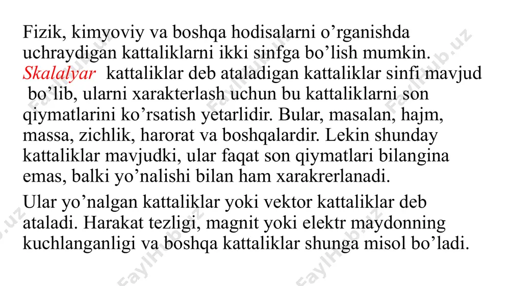 𝑐𝑜𝑠𝛾 = 𝑎𝑧 = 𝑎2 + 𝑎2 + 𝑎2 𝑥 𝑦 𝑧 bu yerda 𝑐𝑜𝑠2𝛼 + 𝑠𝑖𝑛2𝛼 + 𝑠𝑖𝑛2𝛾 = 1 ga teng vektorlar ustida chiziqli amallar aytaylik 𝑎→(𝑎𝑥, 𝑎𝑦, 𝑎𝑧) va 𝑏(𝑏𝑥, 𝑏𝑦, 𝑏𝑧) vektorlar va 𝑚 ≠ 0 son berilgan bo’lsin. qo’shish va ayirish. 𝑎→ ± 𝑏 = 𝑐→(𝑎𝑥±𝑏𝑥, 𝑎𝑦 ±𝑏𝑦, 𝑎𝑧 ± 𝑏𝑧) vektorni songa ko’paytirish. 𝑚𝑎→ = (𝑚𝑎𝑥, 𝑚𝑎𝑦, 𝑚𝑎𝑧) 𝑐→ = 𝑎→ + 𝑏 𝑑→ = 𝑎→ − 𝑏 ikki vektorning skalyar ko’paytmasi va uning xossalari. 6-ta’rif. 𝑎→ va 𝑏 vektorlar uzunligini bu vektorlar orasidagi burchakning kosinusiga ko’paytmasini 𝑎→ va 𝑏 vektorlarning skalyar ko’paytmasi deyiladi. ya’ni 𝑎→ ∙ 𝑏 = 𝑎→ 𝑏 cosα xossalari: 1. 𝑎→ ∙ 𝑎→= 𝑎→ ∙ 𝑎→ ∙ 𝑐𝑜𝑠0° = 𝑎→ 2 yoki 𝑎→2= 𝑎→ 2; 2. agar 𝑎→ = 0, yoki 𝑏 = 0, yoki 𝑎→⊥𝑏 bo’lsa, 𝑎→ ∙ 𝑏 = 0 bo’ladi. 3. 𝑎→ ∙ 𝑏=𝑏 ∙ 𝑎→ 4. …
