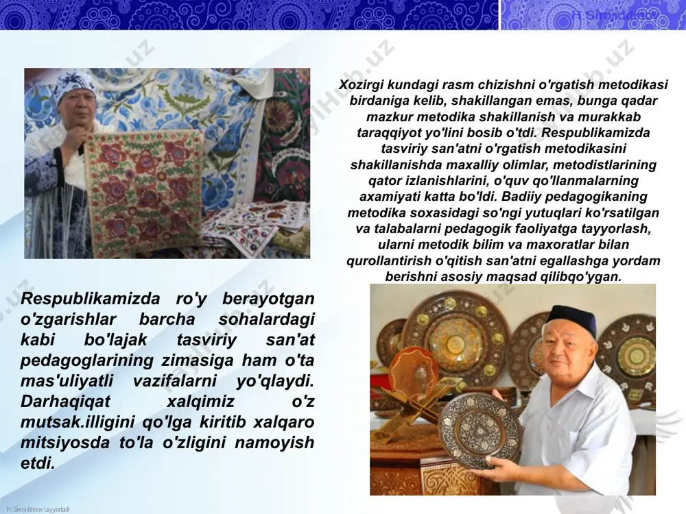 uqaddam yasalgan edi. saqlanayotgan don savatlardagi teshiklar orqali nish chiqarmasligi uchun bu savatlarni ichidan loy bilan suvab qo‘yishardi. ehtimol, kunlardan bir kun o‘shanaqa savatlardan biri olovga qulab tushadi. qamishpoya kuyib ketgan va ilk kulolchilik buyumi tayyor bo‘lgan. kulolchilik buyumlarini uch turga ajratishgan - loydan yasalgan idishlar, sopol buyumlar va chinni buyumlar. kulolchilik buyumlarining eng oddiy xili - loy idish - loydan tayyorlanadigan va kuydiriladi. u galvirak va bora-bora suv o‘tkaza boshlaydi amaliy san’at, amaliy bezak san’ati — bezak san’ati sohasi; ij-timoiy va shaxsiy turmushda amaliy ahamiyatga ega bo‘lgan badiiy buyumlar tayyorlash va kundalik turmush ashyo-lari (asbob-anjomlar, mebel, mato, mehnat qurollari, kiyim-kechaklar, taqinchoqlar, o‘yinchoqlar va boshqalar)ni badi-iy ishlash bilan bog‘liq ijodiy meh-nat sohalarini o‘z ichiga oladi. amaliy sanʼat asarla-ri ko‘z bilan ko‘rish, his etish va anglash-ga mo‘ljallangan. amaliy sanʼat asarlari va bu-yumlari insonning moddiy muhitini go‘zallashtirishga, estetik boyitishga xizmat qiladi, ayni paytda o‘zining ko‘rinishi, tuzilishi, xususiyatlari bilan insonning ruhiy holati, kayfiyatiga …
