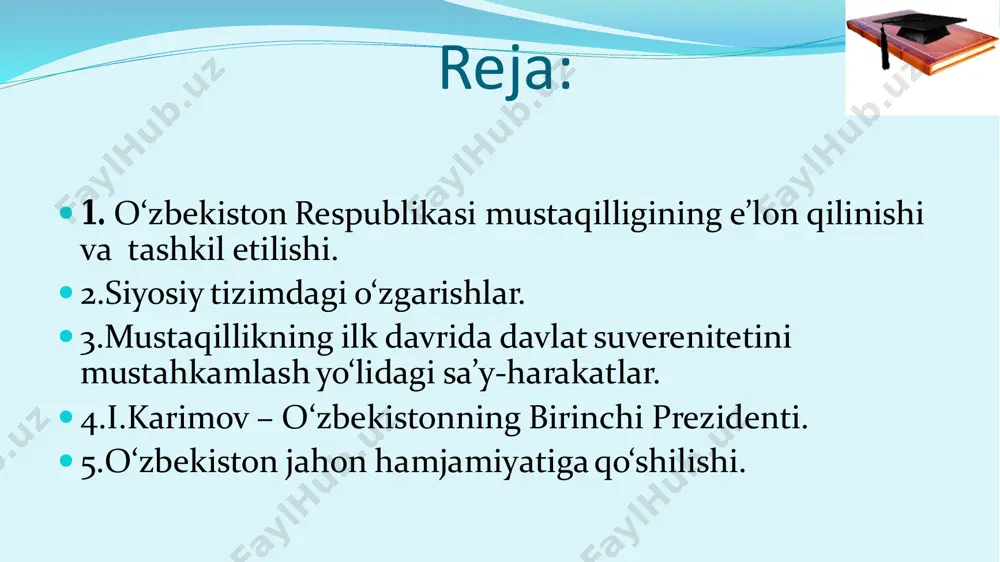 n’analari, har bir millatning o’z taqdirini o’zi belgilash huquqini taminlashdan iborat oliy maqsad haqqi, har bir kishining farovon hayot kechirishini ta’minlashni oliy maqsad deb bilgan holda, o’zbekiston xalqining kelajagi uchun tarixiy mas’uliyatni chuqur his etgan holda, xalqaro huquq qoidalariga, umumbashariy qadriyatlarga va demokratiya prinsplariga asoslanib, o’zbekiston sovet sotsialistik respublikasining davlat mustaqilligini e’lon qiladi  mustaqillik deklarasiyasining qabul qilinishi mamlakatimizning tom ma’nodagi, haqiqiy mustaqillikka erishish yo‘lida muhim ahamiyatga ega bo‘ldi. shundan e’tiboran mamlakatimizning siyosiy, iqtisodiy va ma’naviy hayotiga doir masalalar mustaqil tarzda hal etila boshlandi. o‘zbekistonning mustaqillik sari intilayotgani uning yangi ittifoq shartnomasini ishlab chiqish jarayoniga respublika manfaati nuqtayi nazaridan kelib chiqqan holda, qat’iylik bilan yondashayotganida yaqqol namoyon bo‘ldi.  1991 yil aprelda kiyevda ukraina, rossiya, belarus, o‘zbekiston, qozog‘iston respublikalari rahbarlarining uchrashuvi bo‘ldi. uchrashuvda mustaqil respublikalar manfaatlariga mos keladigan ittifoq shartnomasini tuzishga yondashish yo‘llari ishlab chiqildi va tegishli bayonot imzolandi. bu hujjatni qirg‘iziston, тojikiston, тurkmaniston respublikalari ham imzolashga rozilik bildirdi. markaz …