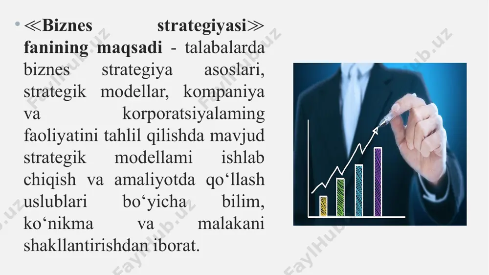 tiradi. strategiya tashkilotning barcha asosiy jihatlarini qamrab oladi. strategiya — bu tashkilotning uzoq muddatli rejasidir. strategiya tashkilot rejasimng barcha qismlari moslashuvini ta’minlaydi. strategiya — bu tashkilotning kuchli va zaif tomonlarining tahlili, shuningdek rivojlanish imkoniyatlari va to‘siqlarni aniqlash natijasidir. strategiya — bu tashkilotning tashqi muhit o‘zgarishlariga avvaldan rejalashtirilgan munosabatidir. 9 11 12 13 14 image1.jpeg image2.png image3.jpeg image4.jpeg image5.png image6.png image7.png image8.png image9.png image10.png image11.png image12.png image13.png /docprops/thumbnail.jpeg