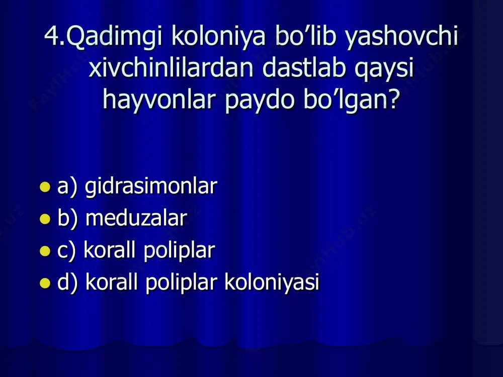 erkin  b) o’troq  c) parazit  d) sudralib 49.tanasi liqildoq moddadan iborat,shakli soyabonga o’xshash hayvonlar guruhini toping?  a) gidralar  b) poliplar  c) meduzalar  d) aktiniyalar 50.meduzalarning gidra va marjon poliplardan farqini aniqlang.  1. tanasi shishasimon dildiroq moddali 2. shakli soyabonga  o’xshaydi 3. tanasi 3 qavatli 4. og’iz teshigi soyabon ostki  tomonida 5. og’iz teshigi soyaboni ustki tomonida  6. paypaslagichlari soyabon chetida 7. paypaslagichlari og’iz atrofida 8. paypaslagichlari og’iz atrofida va soyabon chetida.  a) 1,2,4,8  b) 2,3,4,7  c) 1,2,5,6  d) 2,3,4,6 51.tanasi tasirlanganda yumaloqlanish hususiyatiga ega bo’lgan hayvonlarni aniqlang?  1. amyoba 2. evglena 3. tufelka 4. gidra 5. oq planariya 6. volvoks  a) 1,4  b) 1,2,3  c) 3,5,6  d) 2,5,6 52. quydagi qaysi hayvon dengiz likopchasi ham deyiladi?  a) koral poliplar  b) gidra  c) aureliya  d) aktiniya 53.to’qima …