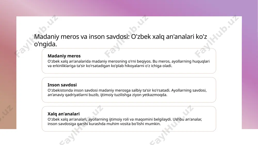 zlik muammolarini ochib beradi, bu esa e'tibor va o'zgarish talab qiladi. 2 adabiyot va madaniyat - o'zbek adabiyotida sotilgan qizlar mavzusi kuchli tasvirlangan, bu ayollarning kuchi va sabr-toqatini ko'rsatadi, ularning huquqlariga e'tibor qaratadi. 3 gender tengligi yechimlari - gender tengligini ta'minlash uchun huquqiy va ijtimoiy chora-tadbirlar zarur, bu ayollarning huquqlarini himoya qilishda va inson savdosiga qarshi kurashda muhimdir. foydalanilgan adabiyotlar 1. murodova, m. 'sotilgan qiz qismati: tarixiy va madaniy kontekstda tahlil'. o'zbekiston milliy universiteti, 2022 2. abdullaeva, s. 'inson savdosi va ayollarning huquqlari: o'zbekistondagi muammolar va yechimlar'. o'zbekiston respublikasi huquqiy axborot markazi, 2021 3. saidova, d. 'o'zbek adabiyotida gender masalalari: sotilgan qiz qismati misolida'. o'zbek adabiyoti va madaniyati jurnali, 2023 4. turaev, a. 'o'zbek adabiyotida inson savdosi va ayol qismati: ijtimoiy va madaniy aspektlar'. o'zbekiston fanlar akademiyasi, 2020 5. xudoyberdiyeva, g. 'sotilgan qizlar: tarixiy kontekst va zamonaviy muammolar'. o'zbekiston ijtimoiy fanlar jurnali, 2023 e'tiboringiz uchun rahmat! /docprops/thumbnail.jpeg