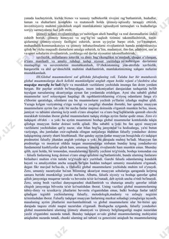 ri shunchalik kengayib boradi. avvalo «globallashuv» tushunchasiga ta‘rif berishda, unga haqiqatan ham kengroq va chuqurroq yondoshmoq kerak bo‗ladi. jumladan, yuqorida berilayotgan ta‘riflarning aksariyat ko‗pchiligida «globallashuv» tushunchasiga yaqin bo‗lgan «internatsionallashuv» (baynalminalla-shuv) va «integratsiyalashuv» tushunchalari o‗rtasidagi munosabatlar e‘tibordan chetda qolib kelmoqda. ya‘ni nega «globallashuv» tu-shuncha sifatida ommaviylashib ketmoqda yoki «internatsionalla-shuv» va «integratsiyalashuv» tushunchalari unga nisbatan kam qo‗lla-nilmoqda degan savolga javob ochiq qolib kelmoqda. aslida, «globallashuv»ning asl mohiyati va uning barcha soha-larga o‗tkazayotgan ta‘sir doirasini bilish uchun uni yuqorida kel-tirilayotgan ikkala tushuncha bilan solishtirish maqsadga muvofiq-dir. chunki ular o‗rtasida ma‘lum o‗xshashlik mavjud. ayni paytda ular o‗z yo‗nalishi, maqsadi va funksiyalari bilan o‗zaro farqlanadi. shuning bilan birga ularning tushuncha sifatida ilmiy iste‘-molga kirish davrlari o‗rtasida ham farklar mavjud. ayniqsa, «internatsionallashuv» sobiq sho‗rolar qukmronligi sharoitida eng ko‗p qo‗llaniladigan tushunchaga aylangan edi. uni millatlarning o‗za-ro qo‗shilib ketishiga olib keladigan ijobiy omil sifatida baqo-lashdan tortib, oila, turmush, milliy madaniyatlarning yagona ma-daniyatga aylanishigacha bo‗lgan barcha soqalarda sobiq kpssning …