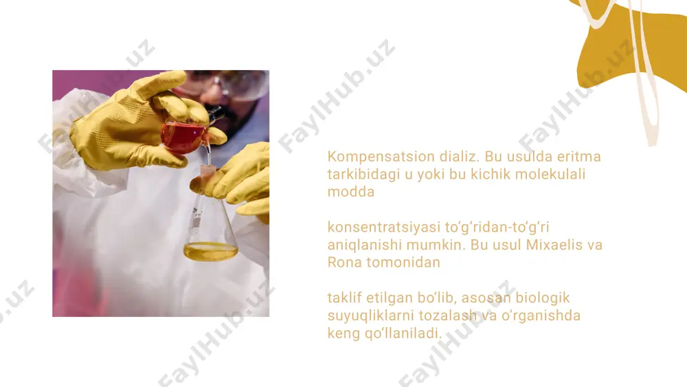 i hosil bo‘ladi va elektrodning bir qismi maydalanib muxitga tarqaladi, natijada kolloid eritma hosil bo‘ladi. kimyoviy kondensatsion usullar, kimyoviy reaktsiyalar (oksidlanish - qaytarilishi, almashinish, erimaydigan gidroliz va boshqa) natijasida yomon eriydigan moddalar hosil qilishga asoslangan. kimyoviy kondensatsion usullar, kimyoviy reaktsiyalar (oksidlanish - qaytarilishi, almashinish, eritmaydigan gidroliz va boshqa) natijasida yoki yomon eriydigan moddalar hosil qilishga asoslangan. oksidlanish usulida eritmadagi (h2s) moddaning oksidlanishi (o2) bilan kolloid eritma olinadi: 2h2s + o2 = 2h2o + 2 (s) oltingugurt zolining tuzilish formulasi: {m (s) nhs-(n - x) h + }- xh+ qaytarish usuli metallarning kolloid eritmalarini olishda keng qo’llaniladi. masalan, oltin tuzining qaytarilish reaktsiyasi: 2naauo2 + 3h - ch=o + na2co3 == 2au + 2hcoona + nahco3 + h2o hosil bo’lgan kolloid zarrachaning tuzilishi: {m(au) nauo2- (n - x) na+}- x na+ kolloid zarrachalarning tuzilishi – mitsellyar nazariya 🧪 mitsella nima? mitsella – kolloid zarrachaning tuzilma birligi. u kolloid zarrachani barqaror tutadigan markaziy …