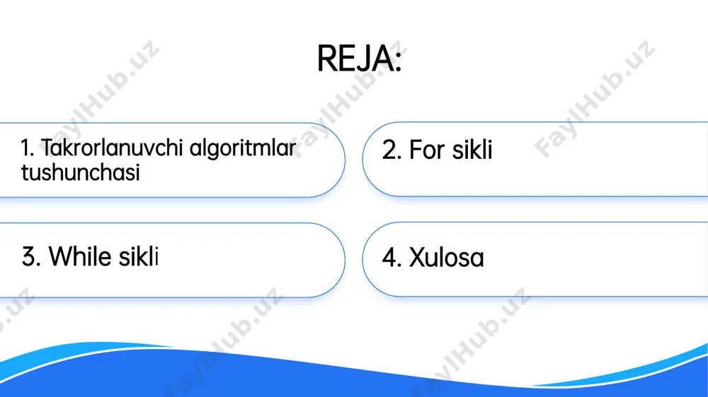 a erishish uchun yo’naltirilgan bo’lishi kerak. algaritmning asosiy xususiyatlari: takrorlanuvchi algoritmlar (yoki rekursiv algoritmlar) — bu algoritmlar, o’z-o’zini qayta chaqiradigan, ya’ni biror amaldan keyin o’zini yana ishlatadigan algoritmlardir. rekursiya – bu kompyuter dasturlashida, muammo echilayotganda, muammoning kichik qismlarini hal qilish uchun aynan o’sha muammoning o’zi bilan ishlash usulidir. rekursiya odatda muammoning katta va murakkab bo’lagi kichikroq, osonroq bo’laklarga ajratiladigan holatlarda ishlatiladi. bunda har bir kichik bo’lak (rekursiv chaqiruv) o’zining echimiga yetgach, bu echimlarni birlashtirish orqali katta muammo hal qilinadi. takrorlanuvchi algoritmlar algoritm nima ? for sikli haqida: for sikli — bu dasturlashda takrorlanadigan amallarni bajarish uchun ishlatiladigan konstruksiya. u ma’lum bir shart bajarilmaguncha yoki ma’lum bir marta takrorlanadigan kod bloklarini bajarishga imkon beradi. for siklidan foydalanishning afzalligi — uni takrorlanadigan amallarni aniq sonini bilgan holda ishlatish mumkin. bu sikl odatda takrorlanishi kerak bo’lgan elementlar soni oldindan ma’lum bo’lgan holatlarda ishlatiladi. algoritm nima ? for siklini ishlatishning afzalliklari: • yuqori darajada …