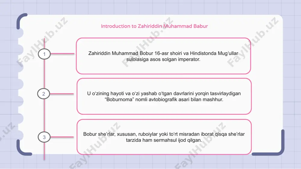 ddin muhammad bobur mo'g'ul hindistonida o'zining ruboiy she'riyati bilan mashhur shoir bo'lgan. uning she’riy uslubida boy tasvirlar, jonli tasvirlar, inson tabiatini chuqur anglash bilan ajralib turadi. bobur o‘z ruboiylari orqali ishq, tabiat, ma’naviyat kabi turli mavzularni tadqiq etib, fors adabiyotida doimiy ta’sir qoldirdi. zahiriddin muhammad bobur ruboiylarining boshqa shoirlarga ta’siri zahiriddin muhammad bobur shoir, hindistondagi mug‘ullar sulolasining asoschisi. uning ruboiysi (to‘rtlik) nafisligi va teran hikmati bilan mashhur edi. zahiriddin muhammad bobur ruboiylarining boshqa shoirlarga ta’siri juda katta edi. ko‘pgina shoirlar uning lirik va teran she’rlaridan ilhomlanib, o‘z asarlarida undan o‘rnak olishga intilganlar. bobur ruboiylarida ko‘pincha ishq, tabiat, hayot go‘zalligi mavzulari tadqiq etilgan. uning she’riy dahosi, betakror so‘z san’ati bugungi kungacha kitobxonlarni maftun etib, shoir va san’atkorlarni ilhomlantirib kelmoqda. 1 2 3 zahiriddin muhammad bobur ruboiylari merosi zahiriddin muhammad bobur shoir va mug‘ullar imperiyasining asoschisi. u to‘rt misradan iborat ruboiylari bilan mashhur. bobur ruboiylari bugun ham o‘qiladi va qadrlanadi. zahiriddin muhammad …