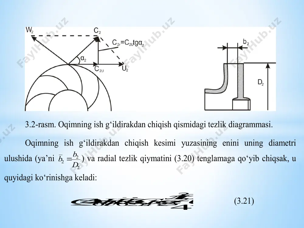 nishi yuklama ortishi bilan o‘zgarib turadi. bu o‘zgarish turbomashina ish g‘ildiragining aylanish tezligini o‘zgartiradi va turbomashinaning zo‘riqma xarakteristikasi (4.5 a-rasm) o‘zgaradi. bu holat yana turbomashina va tarmoq tizimi ish rejimini oldingi holatiga nisbatan o‘zgartiradi (4.5 b-rasm). natijada oqim sarfi kamayadi. ish rejim ko‘rsatkichlarga salbiy ta’mir etuvchi faktlarni oldini olish uchun qurilmani loyihalash va ishlatish jarayonida; ish rejim unumdorligi kondagi suv oqim miqdoridan kam bo‘lmasligi; geometrik suv chiqarish balandlik – ng, unumdorlik – q=0 bo‘lgandagi turbomashina zo‘riqmasining – n0, ng≤0.9·n0 qismini tashqil etishi; tashqi tarmoq va mashina xarakteristikalari kesishgan nuqta bitta bo‘lishi kabi ko‘rsatmalarga amal qilish talab etiladi. ushbu ko‘rsatmalarga amal qilingan hollarda qurilma ishi (ish rejim) barqaror bo‘ladi (4.6-rasm). cув чиқариш қурилмаларини иш режими эътиборингиз учун рахмат! image1.png image2.emf image3.emf image4.emf image5.emf image6.emf image7.emf image8.png image9.emf image10.emf image11.emf image12.png image13.emf image14.emf