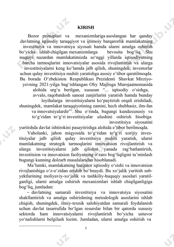 ga muvofiq; · innovatsion faoliyatni rivojlantirish uchun moliyaviy ta’minotning mustahkam va turli xil vositalar hamda manbalaridan samarali foydalanish zarur. moliyaviy ta’minot sifatida budjet va tijorat bank mablag‘lari, shuningdek, xususiy sektor va donor tashkilotlar moliyaviy manbalari ilmiy-innovatsion faoliyatni rag‘batlantirishning bevosita va bilvosita shakllarini uyg‘unlashgan holda o‘zida birlashtirishi lozim; · investitsiya va innovatsiya jarayonlarini jadallashtirish iqtiso- diyotning real sektorini diversifikatsiya qilish, tarmoqlarni moder- nizatsiya qilish va texnologik jihozlash uchun jalb qilingan investitsi- yalar rentabelligini oshirishga asos bo‘lishi zarur; · investitsion va innovatsion muhit jozibadorligini ta’minlash va uni yanada yuksaltirish yo‘llari bo‘yicha huquqiy va tashkiliy-iqtisodiy mexanizmlarni ishlab chiqish va ularni davlat, hududlar va xo‘jalik yurituvchi subyektlar ko‘lamida amalga oshirishning yagona tizimini yaratish maqsadga muvofiq; · investitsion va innovatsion faoliyat samaradorligini baholash bo‘yicha metodologik asoslarini ishlab chiqish hamda hududlar va xo‘jalik yurituvchi subyektlar kesimida reytingni aniqlash va uni doimiy yuritish bo‘yicha chora-tadbirlarni amalga oshirish lozim. yuqorida keltirilgan jihatlar mamlakatning milliy investitsiya va innovatsiya tizimning …