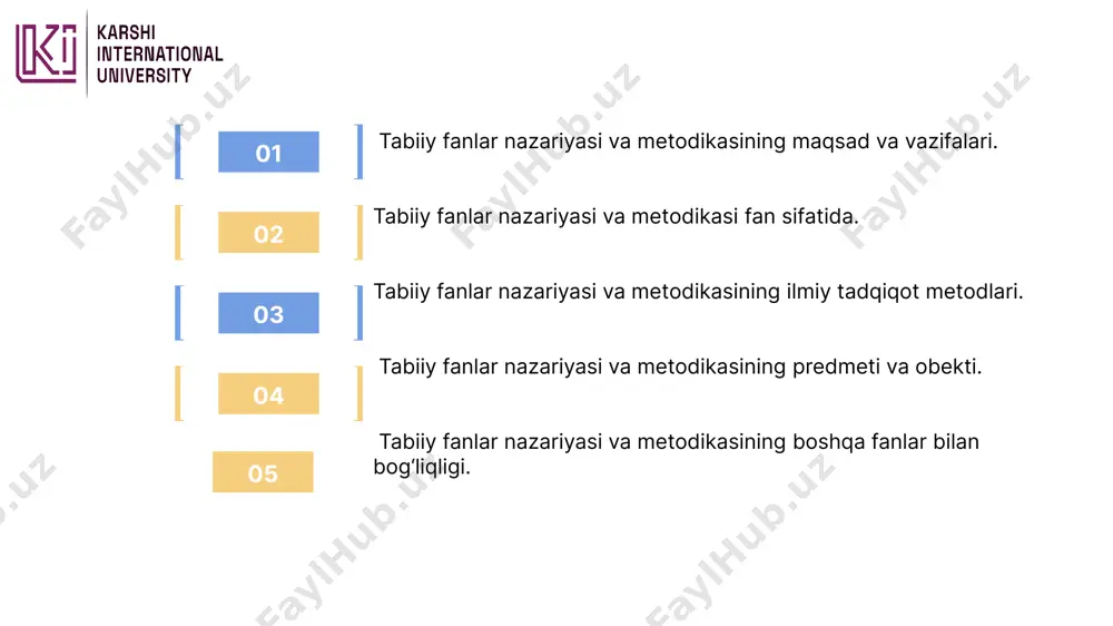 ishchi farazlarni ilgari surish; 3.ilgari surilgan farazlarning qanchalik haqiqatga yaqin ekanliklarini aniqlash maqsadida maktablarda pedagogik tajribalar o‘tkazish hamda tajribaviy, nazorat sinflardan olingan ma’lumotlarni o‘zaro taqqoslash; 4.kuzatish va pedagogik eksperimentlardan olingan ma’lumotlarni tahlil qilish, umumlashtirish va xulosalash; 5.olingan ma’lumotlarga asoslanib, metodik maqolalar, qo‘llanmalar yaratish va ishlab chiqilgan fikr mulohazalarning ommaviy maktablarda tekshirishdan o‘tkazish va tasdig‘ini olish. o‘qitish metodlari to‘g‘risidagi masalani ishlab chiqish mashg‘ulotlarning o‘quv jihozlari to‘g‘risidagi masalalar ham chambarchas bog‘liqdir, chunki o‘quv qurollari va boshqa jihozlar tabiiy fanlar tasavvurlari va tushunchalarni shakllantirishning asosi hisoblanadi. u boshiang‘ich sinf tabiiy fanlar kursini zamon talabiga mos holda o‘qitish maqsadida bolalarga ta’lim-tarbiya berish yo`llarini ishlab chiqadi va tadqiq qiladi. tabiatshunoslik o‘qitish metodikasi «nimani o'qitish kerak” degan savolga javob berib, maktab ttabiiy fanlar o‘quv materialining mazmuni, uning g‘oyasi, prinsiplarini tanlash va predmetni yaratailishini belgilab beradi «nima uchun quyi sinf o‘quvchilari atrof-tabiatni o‘rganadilar?» tabiiy fanlar predmet vositasida bolalarni qanday o‘qilishi va tabiat vositasida qanday tarbiyalash kerak degan …
