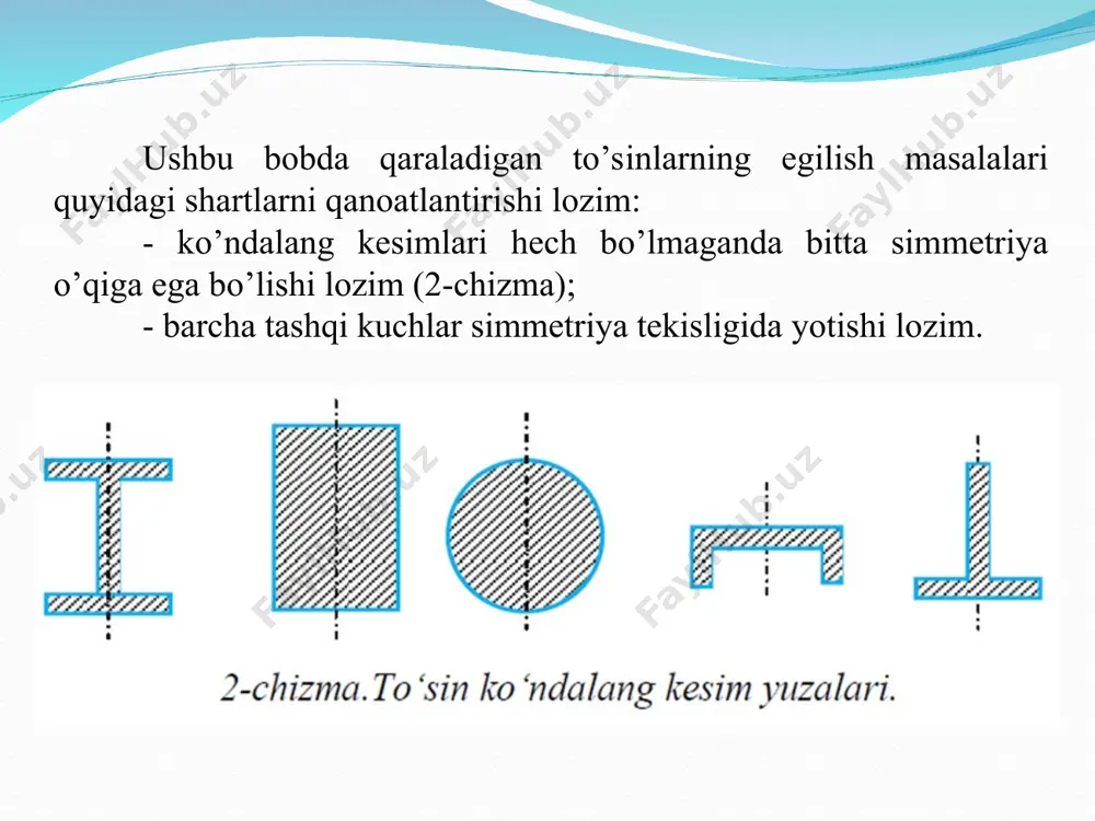 ko’rinadiki, to’singa faqat vertikal kuchlar ta’sir etsa, gorizontal reaksiya kuchi nolga teng bo’lar ekan. to’sinning ra reaksiya kuchini aniqlash uchun b nuqtaga nisbatan barcha kuchlardan olingan momentlar algebraik yig’indisi nolga tenglashtiriladi: qaralayotgan to’sinlar uchun reaksiya kuchlari aniqlangandan keyin ixtiyoriy kesimda hosil bo’lgan ichki kuchlarning (zo’riqish kuchlarning) teng ta’sir etuvchilari kesish usulidan foydalanib aniqlanadi. bu usul bilan ichki kuch omillarini aniqlash uchun to’sin fikran bo’ylama o’qiga perpendikulyar bo’lgan birorta sv tekislik bilan kesib (chap va o’ng) ikki qismga ajratiladi va bu qismlardan birining (chap yoki o’ng) muvozanati tekshiriladi. to’sin egilishidagi ichki kuchlar. 7,a-chizma ikkita vertikal f1, f2 kuchlar bilan yuklangan to’sin keltirilgan 7,b-chizmada esa kesish usulidan foydalanib, ikki qismga ajratilgan to’sinning chap qismi muvozanat holati keltirilgan. bunda tashlab yuborilgan o’ng qism ta’siri bir bosh vektor r va m zo’riqishlar bilan almashtirilgan. bosh vektor r bo’ylama nz va ko’ndalang kuch qy bilan almashtiriladi. bo’ylama kuch cho’zuvchi bo’lsa, ishorasini musbat deb qabul qilamiz, …