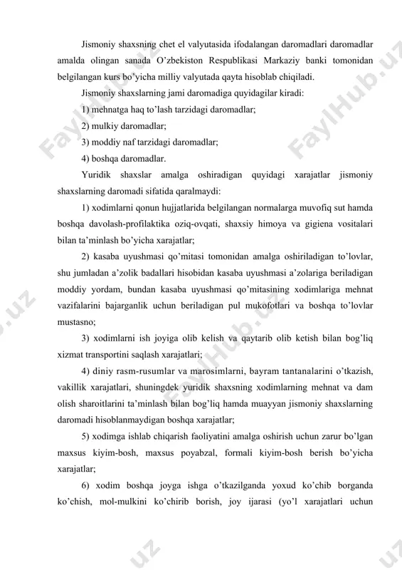 ladigan pul) bilan bog’liq xarajatlarni to’lash yoki bu xarajatlarning o’rnini qoplash xarajatlari; 7) xizmat safarlaridagi quyidagi kompensatsiya to’lovlari: tasdiqlovchi hujjatlar asosida xizmat safari joyiga borish va u yerdan qaytib kelish uchun, shu jumladan joy band qilish uchun haq to’lashni qo’shgan holda haqiqatda amalga oshirilgan to’lovlar. yo’l hujjatlari bo’lmagan taqdirda, temir yo’l transportidagi (agar temir yo’l qatnovi bo’lmasa, shaharlararo avtobusdagi) yo’l haqi qiymati miqdorida, biroq aviachipta qiymatining 30 foizidan oshmaydigan miqdorda; uy-joyni ijaraga olish bo’yicha haqiqatda amalga oshirilgan to’lovlar. yashaganligini tasdiqlovchi hujjatlar bo’lmagan taqdirda – qonun hujjatlarida belgilangan normalar doirasida; tasdiqlovchi hujjatlar asosida uy-joyni band qilish uchun to’lovlar; qonun hujjatlarida belgilangan normalar doirasida xizmat safarida bo’lingan vaqt uchun to’lanadigan kundalik harajatlar uchun haq (sutkalik pullar); qonun hujjatlarida belgilangan va hujjatlar bilan tasdiqlangan boshqa to’lovlar; 8) qonun hujjatlarida nazarda tutilgan normalar doirasida xodimga to’lanadigan kompensatsiya to’lovlari (kompensatsiyalar): doimiy ishi yo’lda kechadigan yoki harakatlanish va (yoki) qatnov tusiga ega bo’lgan xodimga kompensatsiya to’lovlari …