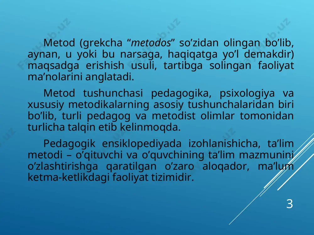 llaniladigan mustaqil ishlari bu o’qituvchining bevosita qatnashuvisiz, maxsus ajratilgan vaqt davomida uning topshiriqlari bo’yicha bajariladigan ishdir; bunda o’quvchilar topshiriqda qo’yilgan maqsadga erishishga o’z kuchlarini sarflaydilar, aqliy yoki jismoniy harakatlar natijasini biror shaklda ifodalab ongli ravishda intiladilar”. * “klaster” metodi. klaster (g’uncha, bog’lam) metodi o’quvchilarga ixtiyoriy muammo (mavzu)lar xususida erkin, ochiq o’ylash va shaxsiy fikrlarni bemalol bayon etish uchun sharoit yaratishga yordam beradi. mazkur metod turli xil g’oyalar o’rtasidagi aloqalar to’g’risida fikrlash imkoniyatini beruvchi tuzilmani aniqlashni talab etadi. “klaster” metodi aniq ob’yektga yo’naltirmagan fikrlash shakli sanaladi. undan foydalanish inson miya faoliyatining ishlash tamoyili bilan bog’liq ravishda amalga oshadi. ushbu metod muayyan mavzuning o’quvchilar tomonidan chuqur hamda puxta o’zlashtirilguniga qadar fikrlash faoliyatinig bir maromda bo’lishini ta’minlashga xizmat qiladi. bu metoddan o’quvchilar bilan yakka tartibda yoki guruh asosida tashkil etilgan mashg’ulotlar jarayonida foydalanish mumkin. * “zakovatli zukko” metodi. mavjud bilimlarni puxta o’zlashtirishda o’quvchilarning fikrlash, tafakkur yuritish layoqatlariga qarab egaliklari muhim ahamiyatga ega. bu …