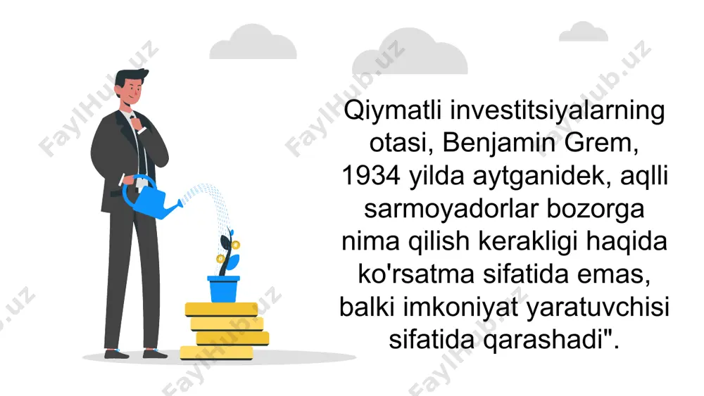 orlar 2 investor - kelajakda daromad (foyda) yoki ustunlik (foiz) olish uchun moliyaviy kapitalni taqsimlovchi shaxs . ushbu ajratilgan kapital orqali investor ko'pincha mulkning ayrim turlarini sotib oladi. portfel investorlarining turlari har xil turlarga investitsiya qilishda iqtisodiy faoliyat foyda (daromad) olish uchun investorlarning bir necha turlari ajratiladi: konservativ, o'rtacha tajovuzkor, tajovuzkor va irratsional. ushbu tasnif sarmoyaga bo'lgan psixologik moyillikka asoslanadi konservativ investor past darajadagi xavf bilan tavsiflanadi, ammo daromad darajasi ancha ishonchli o'rtacha tajovuzkor investor turi o'rtacha darajadagi tavakkalchilik bilan tavsiflanadi agressiv investor yuqori darajadagi xavfga ega bo'lgan, lekin katta foyda (daromad) va'da qiladigan biznes yoki ob'ektlarga sarmoya kiritishni afzal ko'radi. irratsional investorlarga aniq maqsadlarga ega bo'lmagan va qimmatli qog'ozlarni tizimsiz va o'zboshimchalik bilan tanlashni amalga oshiradiganlar kiradi. ular odatda past riskli loyihalarga sarmoya kiritadilar. thanks! image1.png image2.png image3.png image4.jpeg