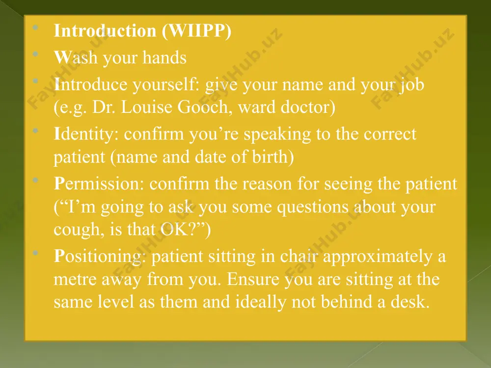 tion of past medical history some medical conditions require clarification of the severity. for example: copd ask about when the patient was diagnosed, their current and previous treatments, whether they have ever required non invasive ventilation (“a tight-fitting face mask”), whether they have been to intensive care myocardial infarction ask about angina, previous heart attacks, any previous angiograms (“a wire put into your heart from your leg or from your arm”), previous stenting diabetes duration of diagnosis, current management including insulin and usual control of diabetes i.e. well- or poorly-controlled describe a picture image2.jpeg image3.jpeg image4.png image5.jpeg /docprops/thumbnail.jpeg
