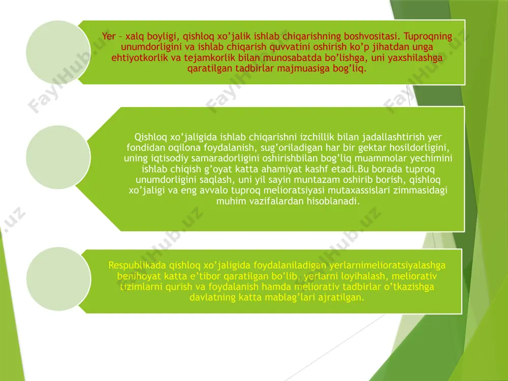 ilan birga, kelajak avlodlarimizga sog’lom, unumdor yerlar qoldirish yo’lida katta qadam bo’ldi, negaki insonlarning taqdiri ko’p jihatdan yer, tuproq taqdiriga bog’liqdir. melioratsiya fanida qabul qilingan ta’rifga ko’ra, qishloq xo’jaligini melioratsiyalash – qo’riq yerlarni muvaffaqiyatli o’zlashtirish, tuproq unumdorligini jadal sur’atlar bilan oshirish, uni muhofaza qilish, qishloq xo’jalik ekinlaridan yuqori hosil olishni ta’minlash maqsadida qishloq xo’jaligi uchun noqulay bo’lgan hudud tabiiy sharoitlarini tubdan yaxshilashga qaratilgan tadbirlar tizimidan iborat. markaziy osiyoda, shu jumladan, o’zbekistonda yerlarni melioratsiyalashning asosiy vazifalari – tuproq sho’rlanishi va botqoqlanishini oldini olish va bu jarayonlarga qarshi kurashish, quruq yerlarni o’zlashtirish, suv va shamol eroziyasiga qarshi kurashish, yerlarni rekultivatsiyalash, tuproqning zichlanishi va gumus miqdorining kamayishini (degumifikasiya) oldini olish, tuproq ifloslanishi va sahrolanishiga va boshqa salbiy jarayonlarga qarshi kurashish bosh maqsad hisoblanadi. meliorativ tadbirlar tizimlari har xil tabiiy sharoitdagi mintaqalar uchun turlicha bo’lib, bu tadbirlarni ishlab chiqish tuproqlarning paydo bo’lishi (genezisi) va ularning xossalari to’g’risidagi chuqur bilimga ega bo’lishni taqozo etadi tuproqlarni …