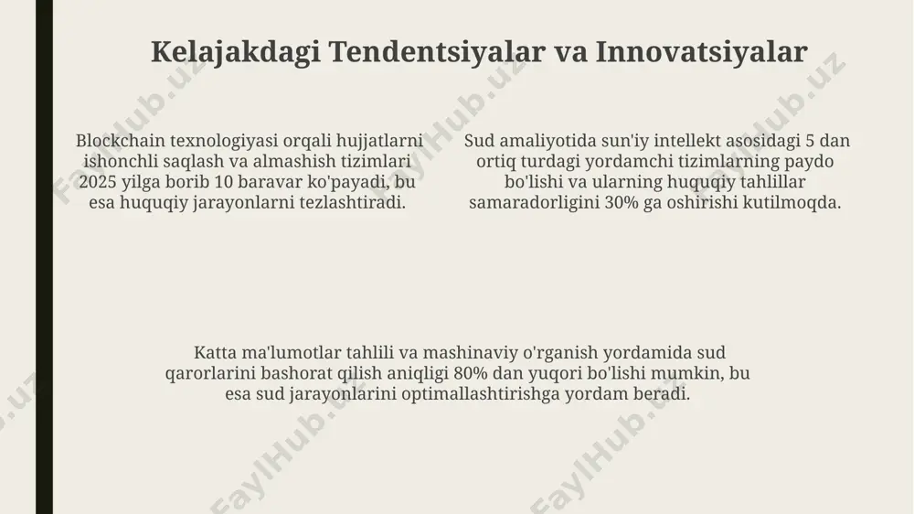 da yordam beradi, bu esa xarajatlarni 30% ga kamaytiradi. xalqaro huquqda avtomatlashtirilgan tizimlar, masalan, shartnomalarni tahlil qilishda 90% gacha aniqlik bilan 1000 dan ortiq hujjatni bir necha soat ichida qayta ishlash imkonini beradi. sud qarorlari va boshqa huquqiy ma'lumotlar bazalarini tahlil qilish orqali avtomatlashtirilgan tizimlar 95% aniqlik bilan huquqiy tahlilni va kelgusi natijalarni prognoz qilish imkoniyatini beradi. shartnomalarni tayyorlash va tahlil qilish o'rtacha 50 ta banddan iborat shartnoma, avtomatlashtirilgan tizim yordamida 80% ga tezroq tayyorlanadi va huquqiy xatolar ehtimoli sezilarli darajada kamayadi. ai yordamida tuzilgan shartnomalarning 95% ga yaqini standartlarga mos keladi, bu esa huquqiy nizolar sonini kamaytiradi va vaqtni tejaydi. shartnomalarni tahlil qilishda, ai asosidagi tizimlar 1000 dan ortiq huquqiy shartnomalarni bir necha daqiqada tekshirib, potentsial xavflarni aniqlashga qodir. e'tiboringiz uchun rahmat @taqdimot_robot
