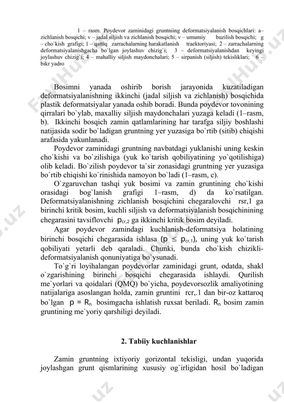 riga teng, ularni aniqlash ifodasi esa quyidagi ko`rinishga ega: (xgi = (ygi = ( (zgi , (3) bu yerda ( - yon bosim koeffitsienti: ( = ( / (1 - (). zamin va poydevorlarni loyihalashda, asosan, tabiiy kuchlanishlarning vertikal tashkil etuvchisi ishlatiladi. shu sababli, bundan keyin faqat ushbu kuchlanishlar haqida so`z yuritiladi va ular shartli ravishda tabiiy kuchlanishlar deb ataladi. agar zamindagi grunt suvga to`la to`yingan va uning tarkibida gidravlik tutash erkin (gravitatsion) suv mavjud bo`lsa, tabiiy kuchlanishlar grunt skeletining suvdagi muallaq holatiga mos keladigan solishtirma og`irligi ((d,ef ) asosida hisoblanadi: (zgi = (d,ef zi . (4) gruntlarning tabiiy kuchlanganlik holati, odatda, vertikal tabiiy kuchlanishlar epyurasi orqali ifodalanadi. bir jinsli zamin uchun bu epyura uchburchak shakliga ega (2-rasm, a). poydevor zamini ko`pincha har xil gruntlardan tashkil topadi. bunday holda tabiiy kuchlanishlarni quyidagi formula bo`yicha hisoblab topish mumkin: (zgi = (zg (i-1) + (i hi , (5) bu yerda (zg (i-1) …