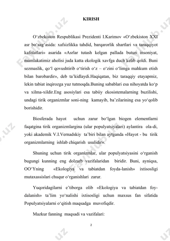 populyatsiyalar ishlab chiqarishi va dinamikasi. · populyatsiyalararo munosabatlarning har xil tiplari va klassifikatsiyasi. 2. populyatsiya tushunchasi populyatsiya – tashqi muhit o‘zgarishlariga moslashish reaksiyasiga ega bo‘gan, o‘z-o‘zini ishlab chiqaruvchi, bir-biri bilan o‘zaro aloqa qiluvchi bir turga mansub har xil individlar majmuasidir. bu o‘z-o‘zini boshqaruvchi ochiq sistema bo‘lib, tur mavjudligining elementar formasidir. tabiatda turlar ikki guruhga ajratiladi. polimorf turlar - bir-biridan farq qiluvchi bir nechta populyatsiyalar mavjud bo‘ladi. monomorf turlar - bitta populyatsiyasi mavjud. ikkala turlar populyatsiyasi ham har xil yashash muhitining tа’siri tufayli sodir bo‘ladi. biologik polimorfizm qanchalik yaqqol ko‘zga tashlansa, individlar shuncha rang-barang bo‘ladi va tashqi muhitning ritmik va tasodifiy o‘zgarishlariga asosan moslashadi. shu sababli mo‘tadil mintaqada tarqalgan turlar tropik, ekvatorial mintaqadagi turlarga nisbatan murakkab strukturaga ega. doimo tor arealda yashovchi turlarga nisbatan keng doirada, akvotoriyada yashovchi turlar polimorf sanaladi. bu birinchi navbatda energetik hamda hayotiy resurslardan foydalanish hisoblanadi. energiya o‘zlashtirilishi – populyatsiyalar strukturasi to‘g‘ri-ligi va rivojlanishining asosiy tendensiyasi sanaladi.n.p.naumov …
