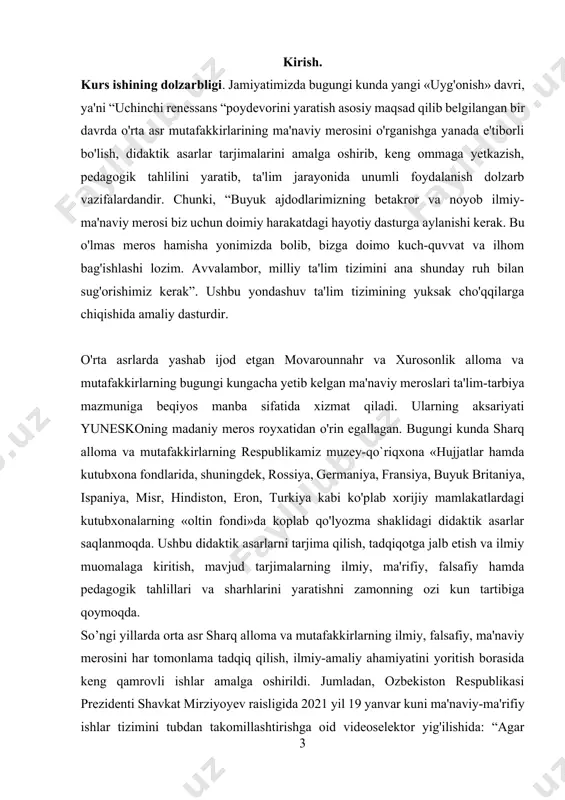 ikkinchi uyg’onish davri bo’lib tarixda abadiy qoldi. ana shu paytlarda tarixda “turon”, “turkiston” va “movarounnahr” nomi bilan mashxur bo’lgan vatanimiz jahon tsivilizatsiyasining beshiklaridan biri sifatida olam uzra dovruq taratdi. movarounnahr, samarqand, toshkent, buxoro, xiva, shahrisabz, termizning noyob tarixiy yodgorliklari, buyuk ipak yo’li, sharq mutafakkirlari yaratgan bebaho ta’limotlar, amir temur va temuriylar davrida gullab-yashnagan ilm-fan, me’morchilik, tasviriy san’at, naqqoshlik, musiqa, rivojlangan savdo-iqtisodiy munosabatlar, barpo etilgan mustahkam qudratli davlat va uning ichki va tashqi siyosati evropadagi uyg’onish jarayoniga hayotbaxsh ta’sir etgani tarixiy haqiqatdir. o’sha kezlarda ilm-fan, madaniyat, me’morchilik va boshqa sohalarda erishilgan ulkan muvaffaqiyatlar o’zining ulug’vorligi, nafisligi, umumbashariy g’oyalarga boyligi, badiiy shakllarining xilmaxilligi, ma’naviy sofligi va etukligi bilan insoniyat aql-idroki va tafakkurini yuksaklikka ko’tardi, g’arbni sharq bilan yaqinlashtirdi. shu jihatlarni ko’zda tutib tadqiqotchilar bu davrlarni madaniy ko’tarinkilikning “oltin asri” ikkinchi renesans – sharq uyg’onish davri deb nomlaydilar. prezidentimiz ta’birlari bilan aytganda “temuriylar davri haqiqatan xam ilm-fan, madaniyat va maorifning behad ravnaq topishini …