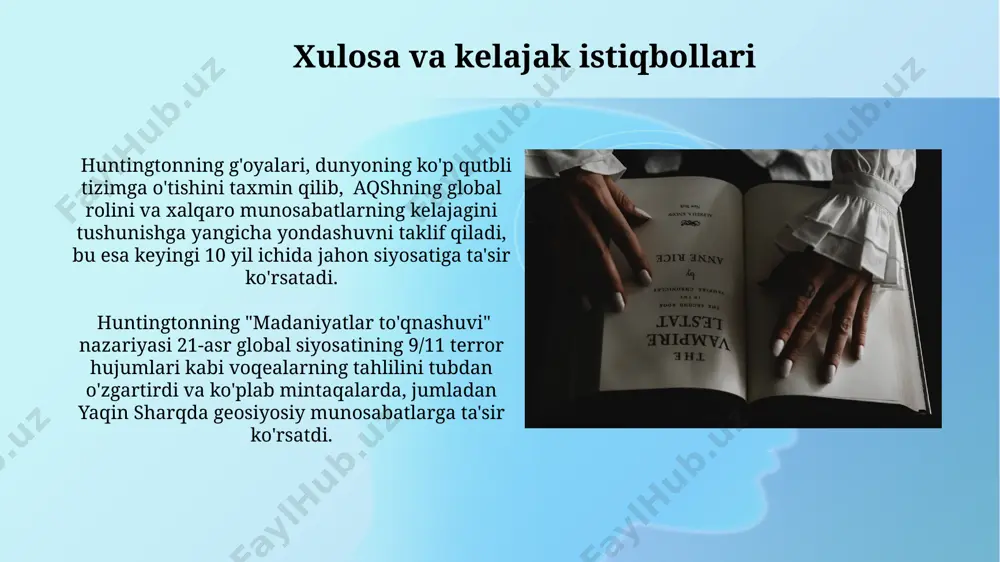 ngtonning "sivilizatsiyalar to'qnashuvi" nazariyasiga ko'ra, 9 ta asosiy sivilizatsiya mavjud bo'lib, ular orasidagi hamkorlik, masalan, iqtisodiy aloqalar orqali, 21-asrda global muammolarni, jumladan, iqlim o'zgarishini hal qilishda muhim rol o'ynashi mumkin. g'arb va islom sivilizatsiyalari o'rtasidagi dialog va tushunishni chuqurlashtirish, 10 yildan ortiq davom etgan urush va mojarolarni kamaytirishga yordam beradi va yaqin sharqdagi barqarorlikni ta'minlashda muhim omil bo'ladi. asarning tanqidchilari va ularning fikrlari ayrim tanqidchilar, huntingtonning nazariyasi 8 ta asosiy madaniyatni ajratish orqali dunyoni sun'iy ravishda bo'lishini va bu 21-asrning murakkab geosiyosiy munosabatlarini aks ettirmaydi deb hisoblashadi. ko'plab mutaxassislar, jumladan, sharqiy osiyo va yaqin sharqdan bo'lgan tadqiqotchilar, huntingtonning madaniyatlarning bir-biriga qarama-qarshiligi haqidagi bashoratlarining noto'g'ri ekanligini va globalizatsiya jarayonining o'zaro munosabatlarni yanada murakkablashtirganini ta'kidlaydilar. samuyel xantintgtonning "sivilizatsiyalar to'qnashuvi" asariga kirish asar, shuningdek, siyosiy va iqtisodiy omillar bilan bir qatorda, madaniy va diniy farqlarning global mojarolar, masalan, yugoslaviya urushi kabi, yuz berishiga hissa qo'shganini ko'rsatadi. kitobda 20-asrning oxirlaridagi va 21-asr boshlarida jahon …
