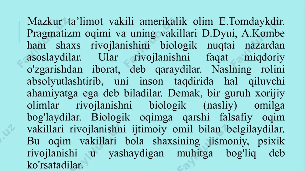 kutilgan natijalarni ifodalaydi. olimlar orasida bu xususiyatlarning qaysi biri tug‘ma, qaysi biri esa ta’lim va tarbiya jarayonida rivojlanganligi to‘g‘risida keskin munozaralar bormoqda. о‘g’il va qiz bolalarning har bir xalq madaniyatida har xil tarbiyalanishi tufayli, ular maktabga kelgan davrdan boshlab jinslarning psixologik farqlari ma’lum boladi. e’tiboringiz uchun rahmat! /docprops/thumbnail.jpeg