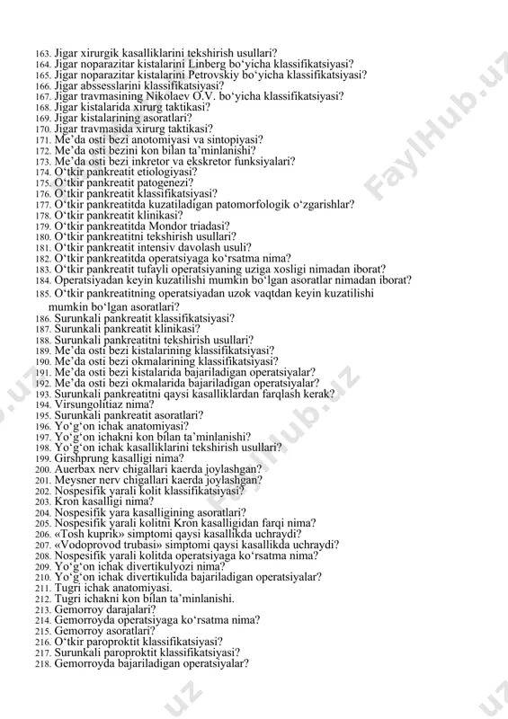 sintopiyasi? 113. kalkonsimon bezni kon bilan ta’minlanishi? 114. kalkonsimon bez fiziologiyasi? 115. kalkonsimon bez kasalliklarini penchev bo‘yicha klassifikatsiyachi? 116. kalkonsimon bez kattalashishining nikolaev bo‘yicha klassifikatsiyasi? 117. kalkonsimon bez kattalashishining bjsst bo‘yicha klassifikatsiyasi? 118. kalkonsimon bez kasalliklarini tekshirish usullari? 119. diffuz toksik bukok klinikasi va simptomlari? 120. tireotoksikoz darajalari? 121. diffuz toksik bukok bilan ogrigan bemor qanday operatsiyaga tayyorlanadi? 122. strumektomiya turlari? 123. operatsiya vaqtida kuzatilishi mumkin bo‘lgan asoratlar? 124. operatsiyadan keyin kuzatilishi mumkin bo‘lgan asoratlar? 125. tireotoksik krizdan bemorni chiqarish choralari qanday? 126. ut yullari anatomiyasi? 127. o‘t tosh kasalligining patogenezi? 128. savelev v.v. bo‘yicha o‘t tosh kasalligining klassifikatsiyasi? 129. o‘t tosh kasalligining dispeptik belgilari? 130. o‘t tosh kasalligini noinvaziv tekshirish usullari? 131. o‘t tosh kasalligini invaziv tekshirish usullari? 132. o‘t tosh kasalligining asoratlari? 133. o‘t yullari konkrementlarining xarakteri? 134. o‘t tosh kasalligini operativ davolash usullari? 135. laparoskopik xolesistektomiga ko‘rsatma va karshi ko‘rsatma? 136. minilaparotom xolesistektomiga ko‘rsatma va karshi ko‘rsatma? …