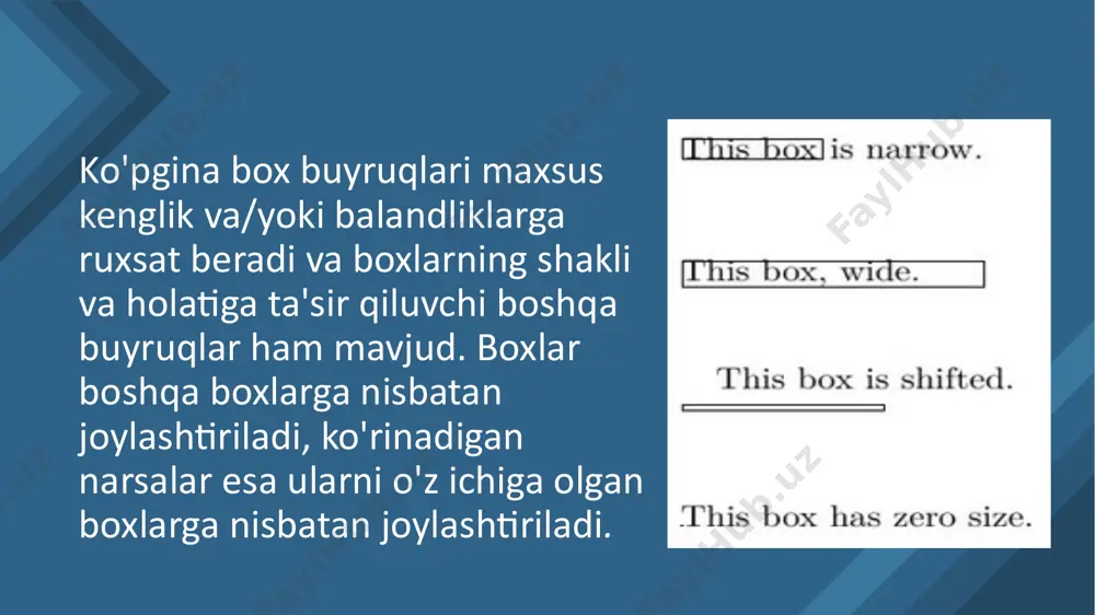 ka va kontent orasidagi masofa. \fboxrule: ramkaning qalinligi. qalinroq va uzoqroq ramka hosil qilish uchun: bu yerda kvadrat shaklidagi harf ramkasi ko'rsatilgan hujjat ichidagi paragrafni ramkalashning oson yo'lini ta'minlaydigan ramkali muhitni qo'shadigan framed paket mavjud: savebox/usebox/newsavebox savebox - bu ko'rsatilmaydigan box bo'lib, usebox buyrug'i orqali keyinroq takrorlash uchun saqlanadi fancybox fancybox to'plamida qo'shimcha boxlar mavjud. \doublebox \ovalbox \shadowbox raisebox buyruq maydonning vertikal xususiyatlarini aniqlash imkonini beradi. matn argumenti ichidagi maydon hajmiga ta'sir qilish uchun dastlabki uchta parametrda \width, \height, \depth va \totalheight dan foydalanishingiz mumkin. ikki ixtiyoriy parametr ko'tarilish boxsining balandligi va chuqurligini belgilaydi masalan, siz framebox ga o'rnatishda farqni kuzatishingiz mumkin e’tiboringiz uchun rahmat! image2.jpg image3.png image4.jpeg image5.png image6.png image7.png image8.png image9.png image10.png image11.png image12.png image13.png image14.png image15.png image16.png image17.png image18.png image19.png image20.png image21.png image1.jpg /docprops/thumbnail.jpeg
