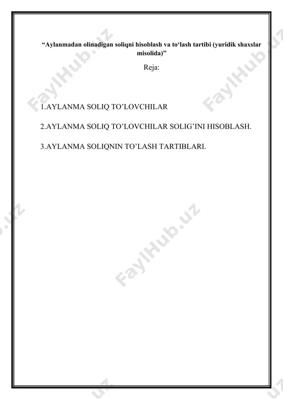 asi; — maktab ta’limini rivojlantirish jamg’armasiga majburiy ajratmalar. aylanmadan olinadigan soliqto’lovi faqat kichik biznes subyektlari – mikrofirmalar va kichik korxonalarga tadbik etiladi. o’zbekiston respublikasi prezidentining 2003 yil 30 avgustdagi pf-3305-sonli farmoniga ko’ra kichik biznes subyektlari tarkibiga 2004 yil 1 yanvardan boshlab, quyidagi lar kiritilgan: 1. yakka tartibda tadbirkorlik faoliyati bilan shug’ullanuvchi lar; 2. xodimlarining urtacha yillik soni: — ishlab chiqarish tarmoklarida 20 kishidan; — xizmat ko’rsatish soxasida 10 kishidan; — ulgurji, chakana savdo va umumiy ovqatlanish soxasida 5 kishidan oshmagan mikrofirmalarda; 3. quyidagi tarmoklarning urtacha yillik xodimlari soni: — yengil va oziq-ovqat sanoati, metalga ishlov berish va asbobsozlik yogochni qayta ishlash, mebel sanoati va qurilish materiallari sanoati 100 kishidan; — mashinasozlik metallurgiya yokilgi-energetika va kime sanoati, qishloq xo’jalik mahsulotlarini yetishtirish va qayta ishlash, qurilish hamda boshqa sanoat ishlab chiqarish soxalari 50 kishidan; — fan, ilmiy, transport, aloqa, xizmat ko’rsatish soxasi (sug’urta kompaniyalaridan tashqari), savdo va umumiy ovqatlanish hamda boshqa ishlab …
