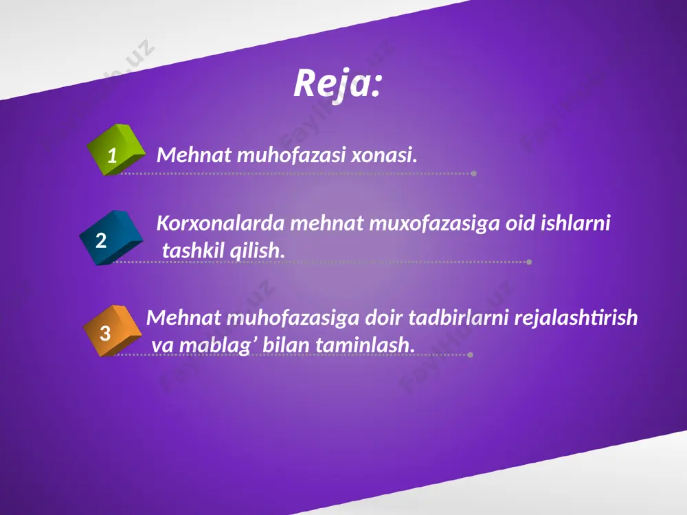 irish 2. ish joyida o’tkaziladigan yo’riqnoma. o’z navbatida ish joyida o’tkaziladigan yo’riqnoma 3 xil bo’ladi: 1. dastlabki, 2. davriy 3. navbatdan tashqari. sexlarda, bo’limlarda ishchilarni va ustalarni xavfsiz ish usullariga o’rgatish shu sex hamda bo’lim rahbarlariga, shuningdek, o’z vaqtida va sifatli o’qitishni nazorat qilish esa mehnat muhofazasi bo’limlari zimmasiga yuklatiladi. kirish yo’riqnomasi barcha ishga yangi kiruvchilar, boshqa korxonalardan xizmat safariga jo’natilganlar (ish malakasi va stajidan qat’iy nazar) amaliyot o’tayotganlar va shogirdlar kirish yo’riqnomasini o’tadilar. uni korxonaning mehnat muhofazasi bo’yicha mas’ul xodimi yoki shu vazifa yuklatilgan boshqa rahbar xodim o’tkazadi. agar ishga qabul qilish bevosita sexlarda amalga oshirilsa, kirish yo’riqnomasini shu sexning boshlig’i o’tkazishi kerak. shikastlanganlarga dastlabki yordam ko’rsatish, yong’in xavfsizligi va boshqa maxsus masalalar bo’yicha yo’riqnomalarni tegishli mutaxassislar olib boradilar. kirish yo’riqnomasi maxsus adabiyot, ko’rgazmali qurollar bilan jihozlangan mehnat muhofazasi xonasida, zamonaviy texnik vositalardan foydalangan holda o’tkaziladi. kirish yo’riqnomasi o’tkazilganligi haqida maxsus jurnalga va ishchi qo’liga topshiriladigan ishga kirish varaqasiga …