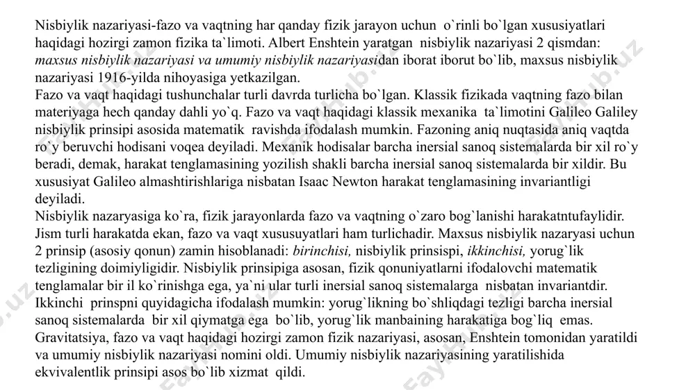 i bir inersial sanoq sistemadan ikkinchisiga o`tishga nisbatan invariantdir ikkinchi postulat yorug`lik tezligining doimiylik prinsipini ifodalaydi: vakuumda yorug`likning tarqalish tezligi barcha inersial sanoq sistemalarida bir xil bo`ladi va yorug`lik manbayining yoki qabul qilgichning harakatiga bog`liq emas. (31-rasm) galileyning nisbiylik prinsipi. moddiy nuqtaning harakati makon va zamonda o`rganiladi, bu vazifani esa dekart koordinatalar sistemasi va unga biriktirilgan soat majmuasi o`taydi deb qayd etilgan edi. agar sanoq sistemalari bir-biriga nisbatan tinch yoki to`g`ri chiziqli tekis harakat qilayotgan va ularning birortasida nyuton dinamikasi qonunlari o`rinli bo`lsa, unda bu sistemalar inersial sanoq sistemalari bo`ladi. barcha inersial sanoq sistemalarida klassik dinamikaning qonunlari bir xil shaklga ega. bu prinsip mexanikada nisbiylik prinsipi yoki galileyning nisbiylik prinsipi deyiladi. ushbu prinsipning g`oyasini tushuntirish uchun bir-biriga nisbatan (=const) tezlik bilan to`g`ri chiziqli tekis harakat qilayotgan k (o`qlari x, y, z) va k` (o`qlari x`, y`, z`) koordinata sistemalarini qaraymiz. soddalik uchun k` sistema k ga nisbatan x o`qi bo`ylab …