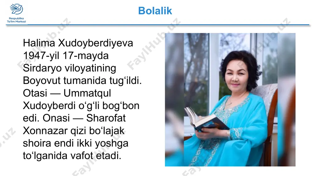 im”, - deb yozadi. “ilk muhabbat” asarlari shoiraning “oq olmalar”, “chaman” kitoblari ketma-ket chop etildi. “suyanch tog‘larim”, “bobo quyosh”, “issiq qor”, “sadoqat”, “muqaddas ayol”, “yuragimning og‘riq nuqtalari” singari she’riy to‘plamlari birin-ketin nashr etildi. tarjima qilingan asarlar shoiraning she’rlari qator chet tillariga tarjima qilingan. uning ruschaga o‘girilgan she’rlari “gordost” (1976), “beliye yabloki” (1979), “reshimost” (1985) nomlarida moskva va toshkentda bosildi. qardosh tillardagi she’rlar halima xudoyberdiyevaning “bu kunlarga yetganlar bor” va “turkiston onasi” she’riy kitoblari xalqimiz mustaqillikka erishgandan keyin chop etilgan. shoira qirg‘iz, tojik, rus, yapon, tatar shoirlari va dramaturglarining bir qancha asarlarini o‘zbek tiliga tarjima qilgan. e’tirof halima xudoyberdiyeva 1990-yili “muqaddas ayol” to‘plami uchun respublika davlat mukofotiga sazovor bo‘lgan. u 1985- yildan boshlab salkam o‘n yil mobaynida “saodat” jurnalining bosh muharriri lavozimida ishladi. 1991- yilda halima xudoyberdiyevaga “o‘zbekiston xalq shoirasi” unvoni berildi. e’tirof halima xudoyberdiyeva xalq va davlat e’tiborida. she’r haqida shoira “begim, sizni tabiat…” she’rining yaratilishi haqida shunday deb yozadi: …