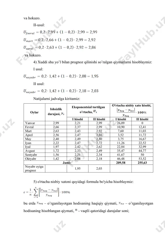 56 1,42 vaqtning shartli belgilanishini prognoz qilinayotgan bazaning davrlarini ketma-ket raqamlash orqali ifodalaymiz (3-ustun). 4 va 5-ustunlarni hisoblab olamiz. qiymat formula bo'yicha aniqlanadi, bu erda - prognoz davri; - prognoz qilingan ko'rsatkich; va - koeffitsientlar; - vaqtning shartli belgisidir. va koeffitsientlari quyidagi formulalar bilan aniqlanadi: oylar ishsizlik darajasi, , % vaqtning shartli belgilanishi, yanvar 2,99 1 2,99 1 2,98 0,33 fevral 2,66 2 5,32 4 2,81 5,64 mart 2,63 3 7,89 9 2,64 0,38 aprel 2,56 4 10,24 16 2,47 3,52 may 2,40 5 12 25 2,3 4,17 iyun 2,22 6 13,32 36 2,13 4,05 iyul 1,97 7 13,79 49 1,96 0,51 avgust 1,72 8 13,76 64 1,79 4,07 sentyabr 1,56 9 14,04 81 1,62 3,85 oktyabr 1,42 10 14,2 100 1,45 2,11 22,13 55 107,55 385 28,63 2,213 5,5 10,755 38,5 demak, modelimiz: o'rtacha nisbiy xatoni quyidagi formula bo'yicha hisoblaymiz: bu erda – o’rganilayotgan hodisaning haqiqiy qiymati, – o’rganilayotgan …