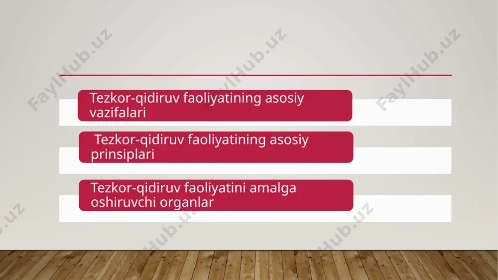 t xavfsizlik xizmatining o‘zbekiston respublikasi mudofaa vazirligi harbiy razvedkasining o‘zbekiston respublikasi davlat bojxona qo‘mitasining o‘zbekiston respublikasi bosh prokuraturasi huzuridagi iqtisodiy jinoyatlarga qarshi kurashish departamentining o‘zbekiston respublikasi ichki ishlar vazirligining o‘zbekiston respublikasi davlat xavfsizlik xizmatining foydalanilgan adabiyotlar: o’zbekiston respublikasining tezkor-qidiruv faoliyati to’g’risida qonunchilik palatasi tomonidan 2012-yil 7-noyabrda qabul qilingan senat tomonidan 2012-yil 5-dekabirda ma’qullangan. tezkor-qidiruv faoliyati o’quv darislik 2020-yil mualliflar: v.karimov,a.xaqberdiyev. lex.uz tayyorladi masharipov maxsud image2.png image3.png image4.png image5.jpeg image6.jpeg image7.png image8.jpeg image1.jpg