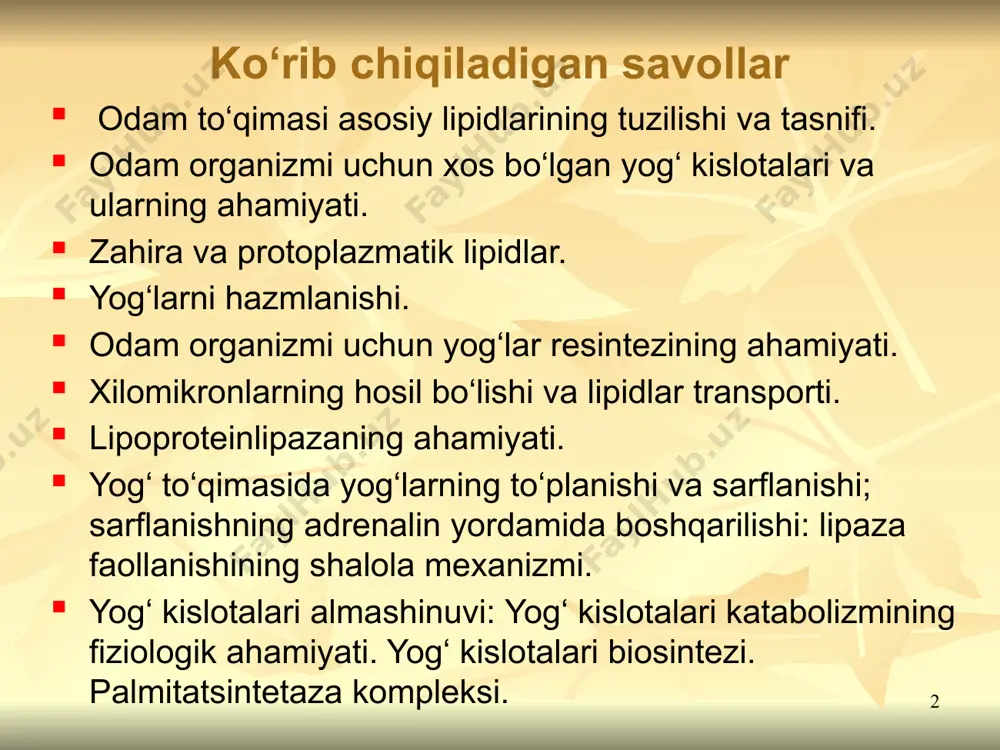 i tafovut etiladi: - toq o‘t kislotalari - juft o‘t kislotalari 8 9 o’t kislotalar enterogepatik sirkulatsiyasi 10 o‘t kislotalarining ahamiyati neytrallash yog‘larni emulgirlaydi lipazani faollaydi yog‘ kislotalarning so‘rilishida ishtirok etadi bakteritsid ta’siri (nospetsifik ig a) ichak motorikasini faollashtirish ekskretor 11 fosfolipidlar hazmlanishi 12 steridlar hazmlanishi 13 lipidlar hazmlanishi va so’rilishi 14 yog’lar hazmlanishinig boshqarilishi 15 chaqaloqlarda yog‘larni hazmlanishi go‘daklar oshqozonida (ph 4,5-5,0) ona sutidagi yuqori emulgirlangan yog‘larni xazmlanadi. qizilungach shilliq qavatlari emish vaqtida lipazani sekretsiyalaydi va oshqozonda uning ta’sirida yog‘lar parchalanadi 16 lipoproteinlar tuzilishi 17 lipoproteinlar tarkibi 18 apolipoproteinlar vazifalari lp strukturasini shakllantiradi hujayra retseptorlari bilan bog‘lanish fermentativ faollikga ega apooqsillar: xilomikronlarda – b-48, c-ii, e zjpl – b-100, s-ii, e zpl – b-100 zyul – a-i, c-ii, e 19 xilomikronlar parchalanishi 20 zjpl - parchalanishi 21 lipoproteidlipaza endoteliy hujayralari yuzasida joylashib geparansulfat bilan bog‘langan xilomikronlar tarkibidagi triatsilglitseridlarni parchalaydi xilomikronlar tarkibidagi apoc-ii fermentni faollashtirsa, fl fermentni xilomikronlar yuzasi bilan …