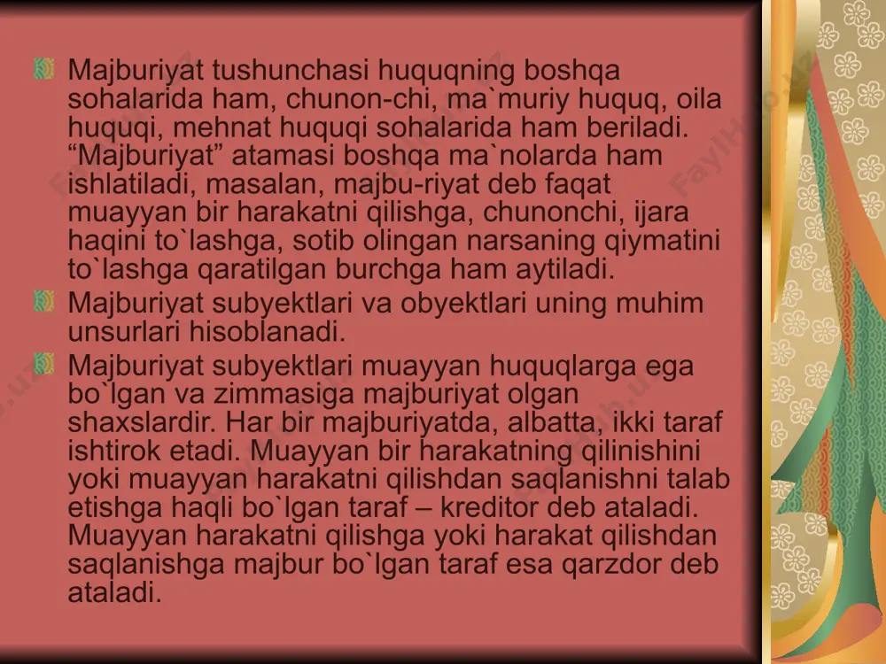 zi vazifalarni, qo`shimcha majburiyatlarni bajarishga majbur qilinadi. masalan, sifatli narsa o`rniga sifatsiz ashyo topshirgan sotuvchi bu ashyoning nuqsonlarini tuzatish uchun yoki kam-chiliklarni yo`qotish uchun haridor tomonidan qilingan xarajatlarni to`lashga majbur qilinishi mumkin. 6. mulkiy javobgarlik choralari sifatida ko`riladigan sanksiyalar. bu to`g`rida quyiroqda bayon etiladi. majburiyatlarning vujudga kelish asoslari fuqarolik huquqlari va burchlarini keltirib chiqaradigan holatlar maj-buriyatga oid huquqiy munosabatlarni ham vujudga keltiradigan asoslar bo`lib, ular fkning 8-moddasida ko`rsatilgan. fkning 234-moddasida normalanganidek, majburiyatlar shartnomadan, ziyon yetkazish natijasida hamda fuqarolik qonunlarida nazarda tutilgan boshqa asoslardan kelib chiqad ma`lumki, fkning deyarli barcha me`yorlari shartnomalardan kelib chiqadigan majburiyatlarni tartibga solishga qaratilgan. bu huquqiy nor-malar vositasida tartibga solinadigan majburiyatlar jumlasiga mulkni bosh-qa shaxsning egaligiga topshirish (oldi-sotdi, ayirboshlash, hadya shartno-malari)dan, mulkni operativ boshqarish huquqini o`tkazish (mahsulot yetkazib berish shartnomasi)dan, foydalanish huquqini o`tkazish (mulk ijarasi va uy-joy ijarasi, tekin foydalanish to`g`risidagi shartnomalar)dan, biror ishni bajarish yoki xizmat ko`rsatish (pudrat, yuk tashish, topshiriq, vositachilik, sug`urta, transport ekspeditsiyasi shartnomalari)dan …