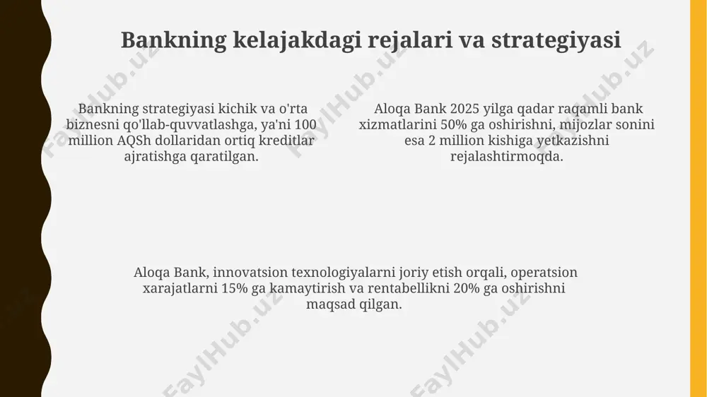 4/7 uzluksiz onlayn xizmatlarni taklif etadi. aloqa bankining respublika boʻylab 200 dan ortiq filiallari va mini-banklari mijozlarga qulaylik yaratish uchun strategik joylashtirilgan. aloqa banki mijozlarga xizmat koʻrsatish sifatini oshirish maqsadida yillik 10% ga yaqin tezlikda filial tarmogʻini kengaytirishni rejalashtirmoqda. aloqa bank haqida umumiy ma'lumot aloqa bank xalqaro to'lov tizimlari bilan hamkorlik qiladi va mijozlarga onlayn-banking va mobil banking kabi zamonaviy xizmatlarni taqdim etadi, bu orqali 24/7 xizmat ko'rsatish amalga oshiriladi. bankning asosiy faoliyat yo'nalishlari orasida korxonalar va jismoniy shaxslarga kreditlar berish, depozitlarni qabul qilish hamda valyuta ayirboshlash operatsiyalari mavjud. uning aktivlari hajmi milliard so'mlarda ifodalanadi. aloqa bank o'zbekiston respublikasida faoliyat yuritadigan tijorat banki bo'lib, 2006-yilda tashkil topgan va 100 dan ortiq filiallar tarmog'iga ega. depozitlar va investitsiyalar aloqa bank omonatlari bo'yicha o'rtacha rentabellik darajasi 2023 yilning birinchi choragida 14% ni tashkil etdi, bu esa inflyatsiyadan yuqori darajadadir. bankning investitsiya portfeli tarkibida davlat qimmatli qog'ozlari 35% dan ortiq ulushni egallaydi, bu …